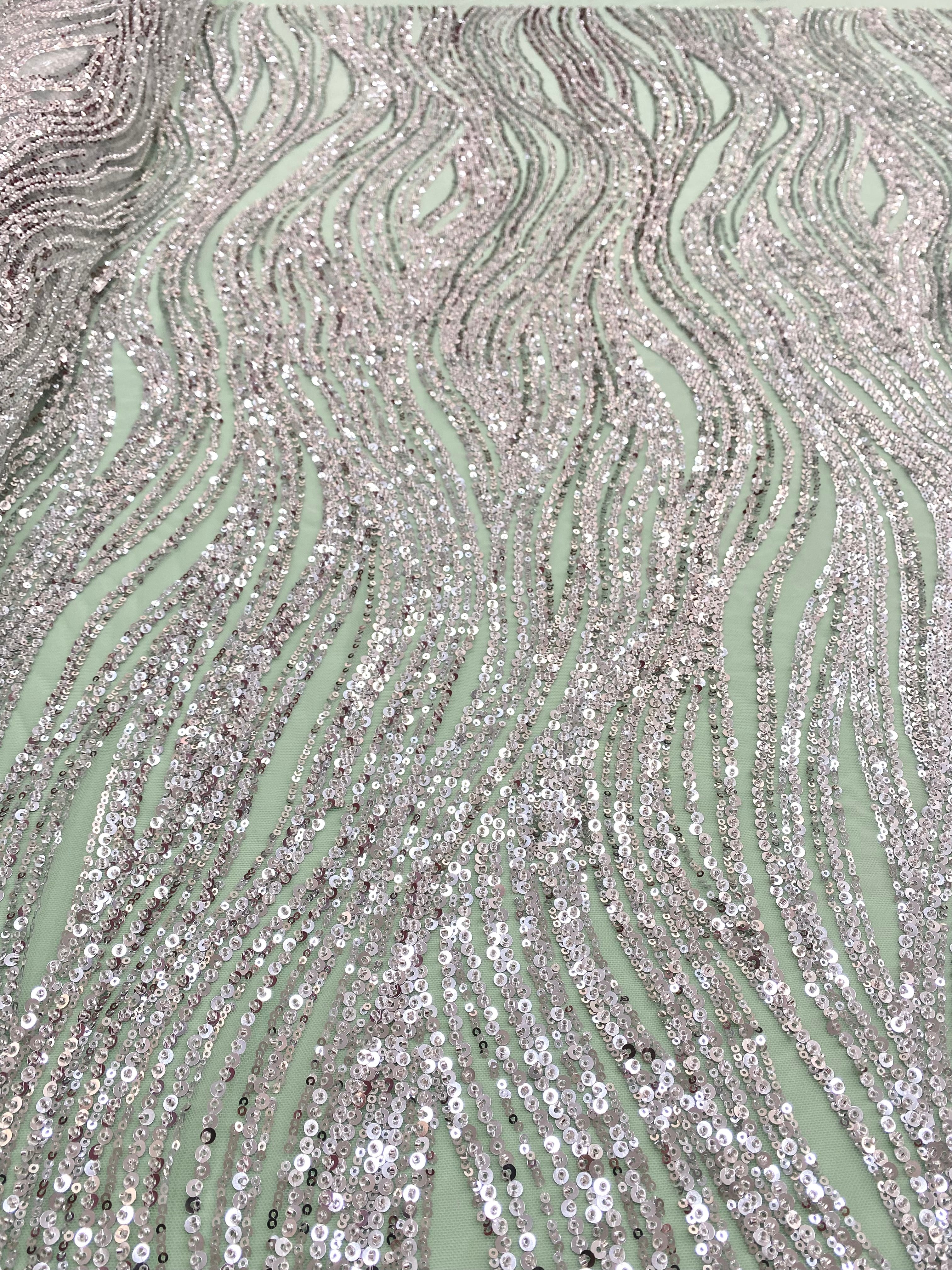 Silver Couture Lace on Mint Green Tulle with Linear Pattern, Beads and Sequins