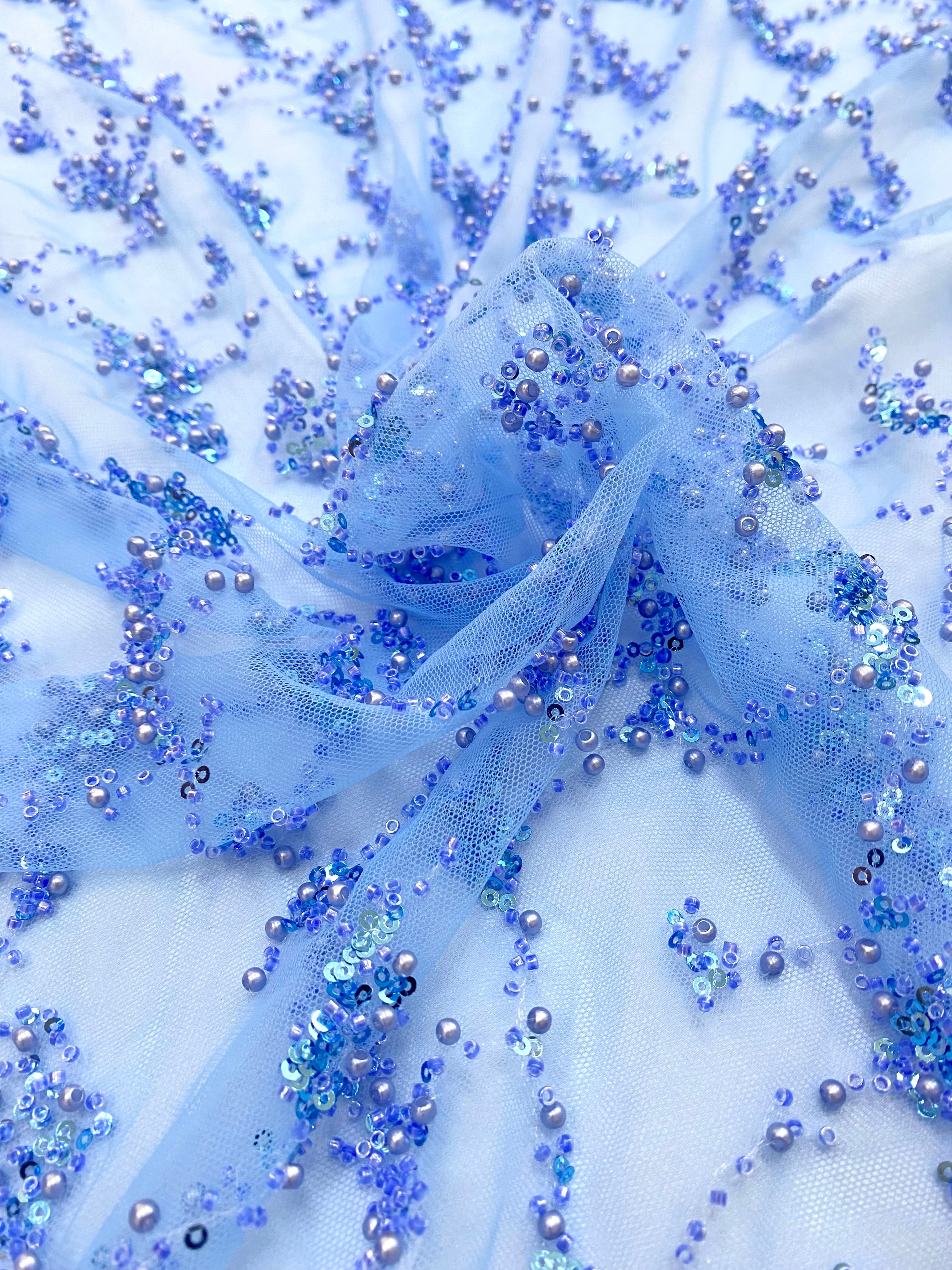 Silver Lace with Nude Tulle with Linear Pattern, Beads and Sequins