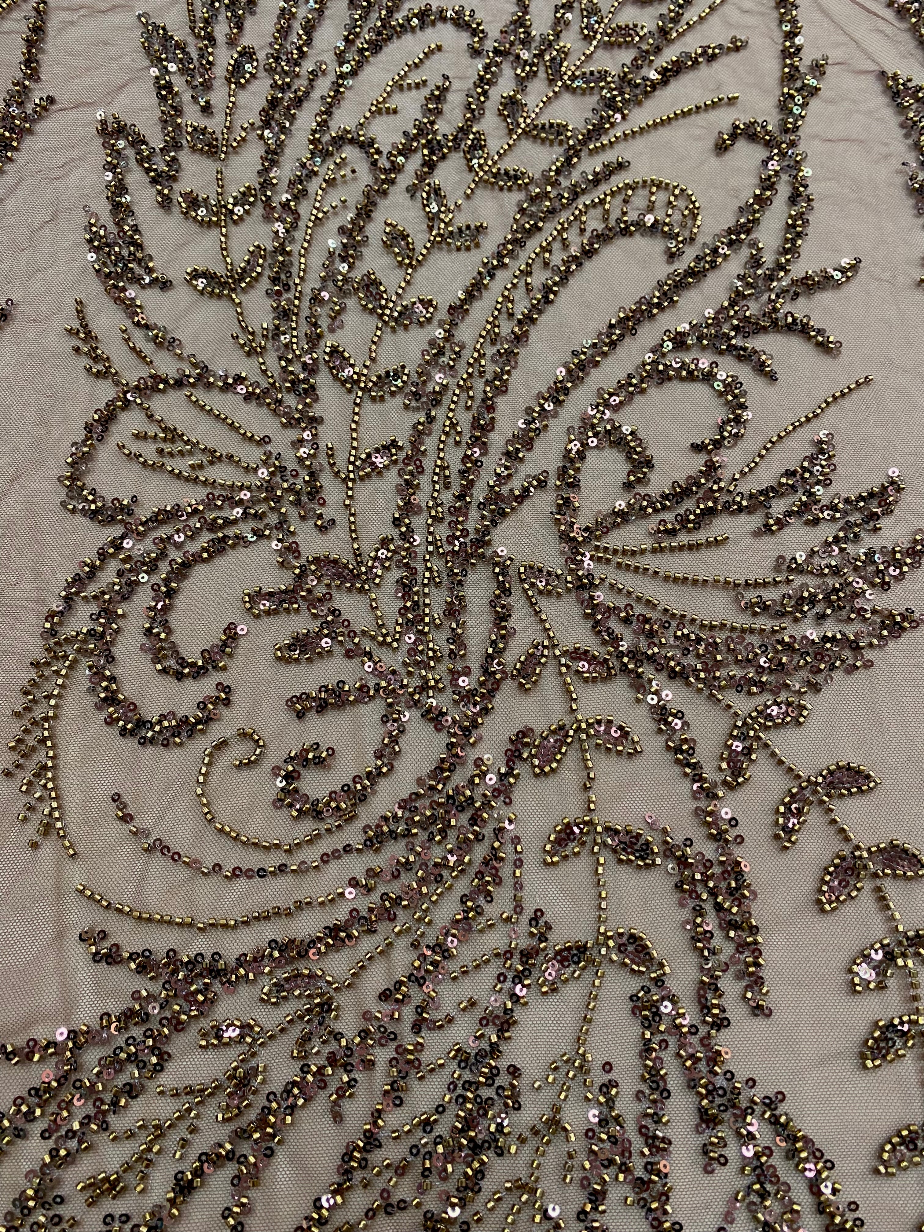 Antique Gold Couture Lace with Floral Pattern, Beads and Sequins 