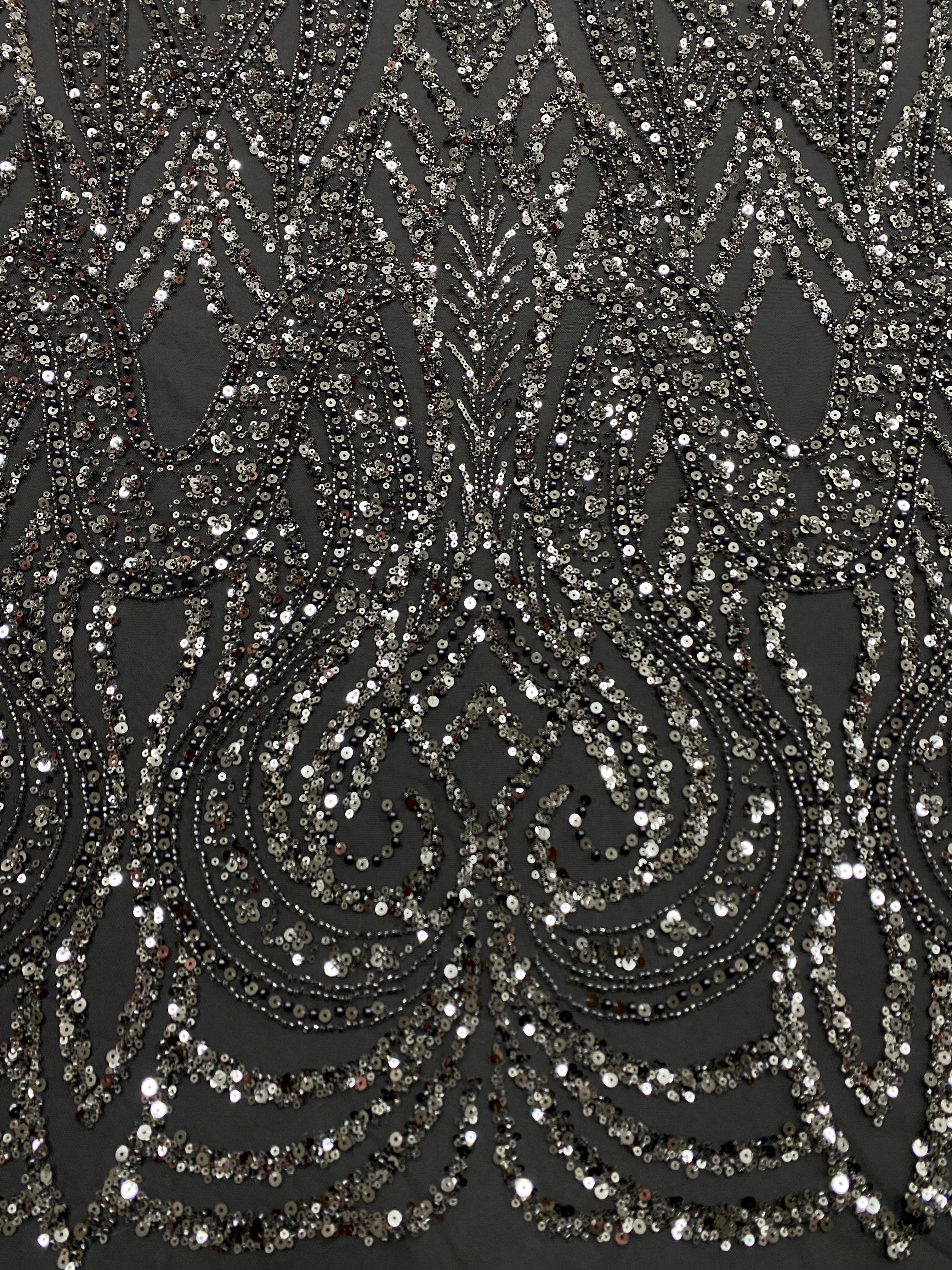 Dantela Couture Gri Antracit cu Model Geometric, cu Perle, Margele si Paiete