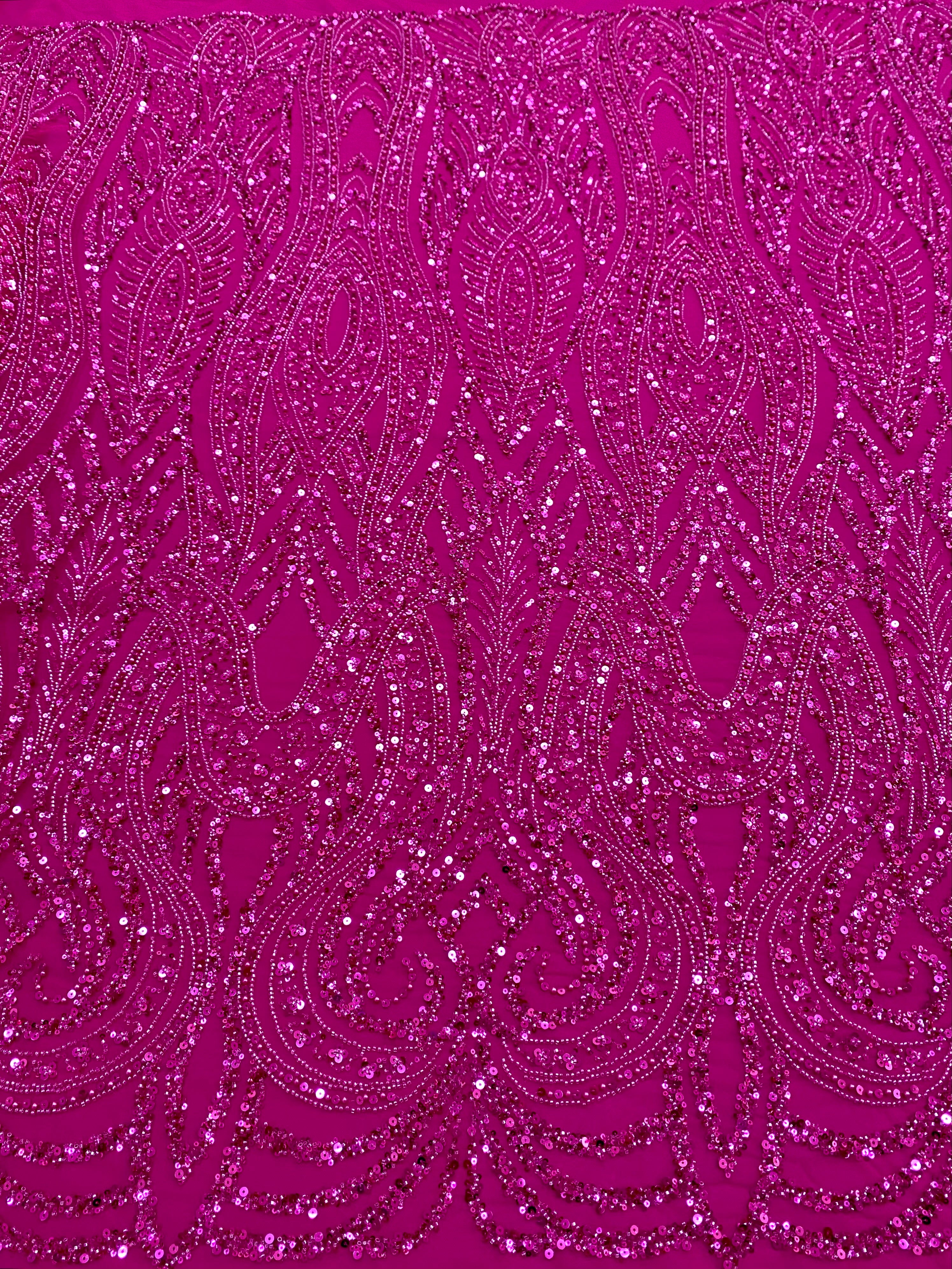 Dantela Couture Fucsia cu Model Geometric, cu Perle, Margele si Paiete