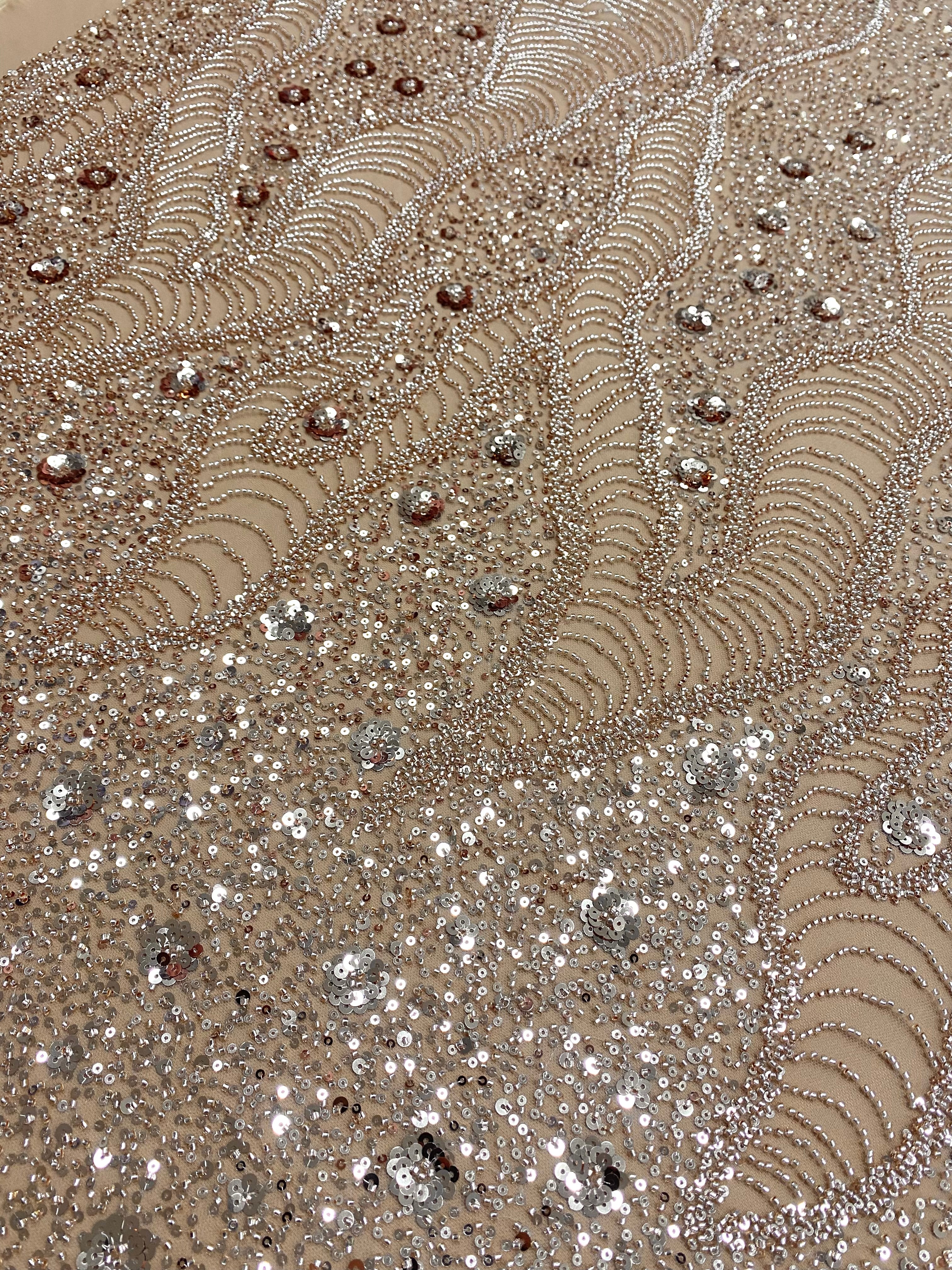 Rose Gold Couture Lace with Geometric and Floral Pattern, with Beads and Sequins