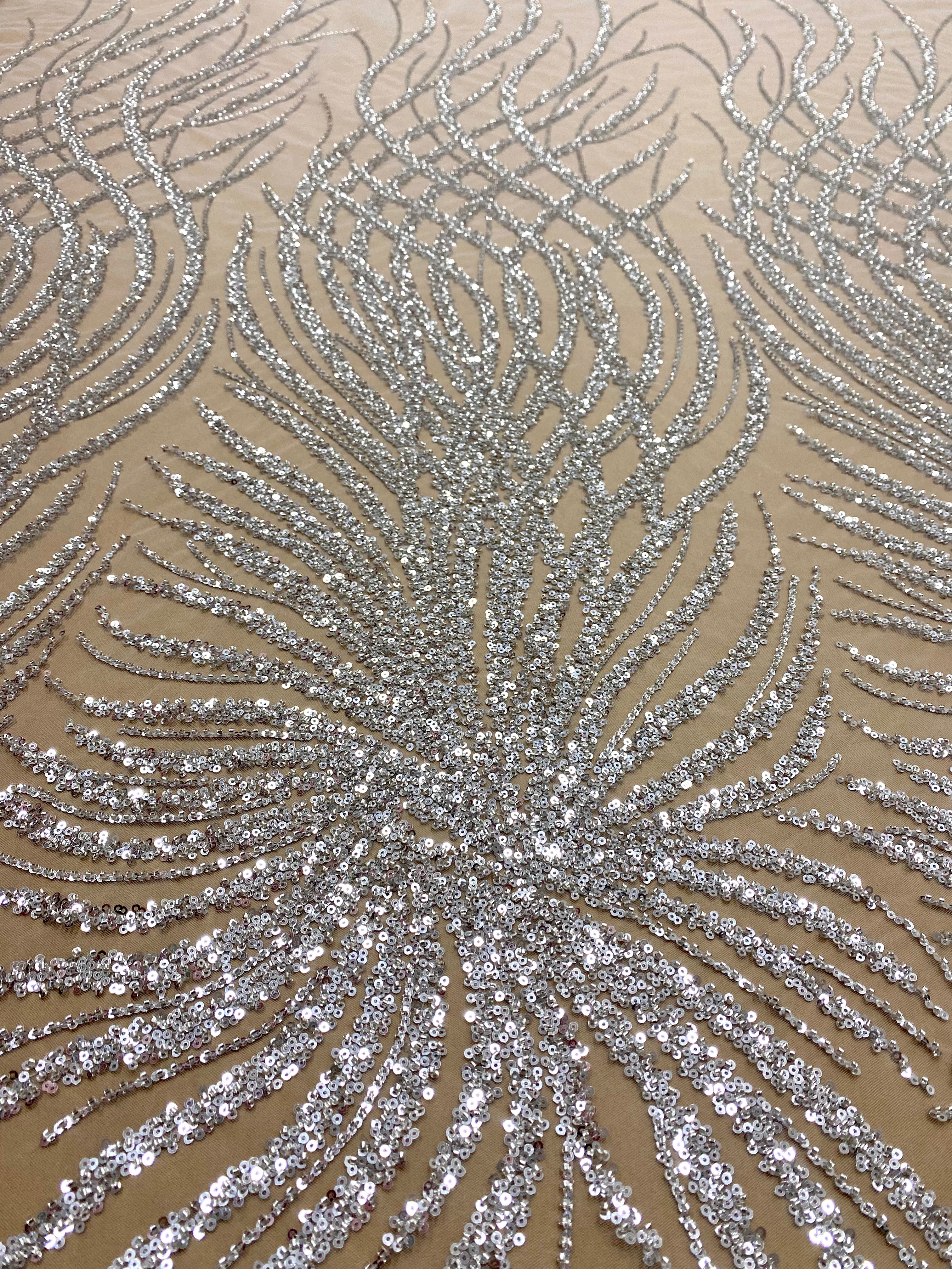 Cupon 2.20 m din Dantela Couture Argintie cu Siraguri, cu Margele si Paiete