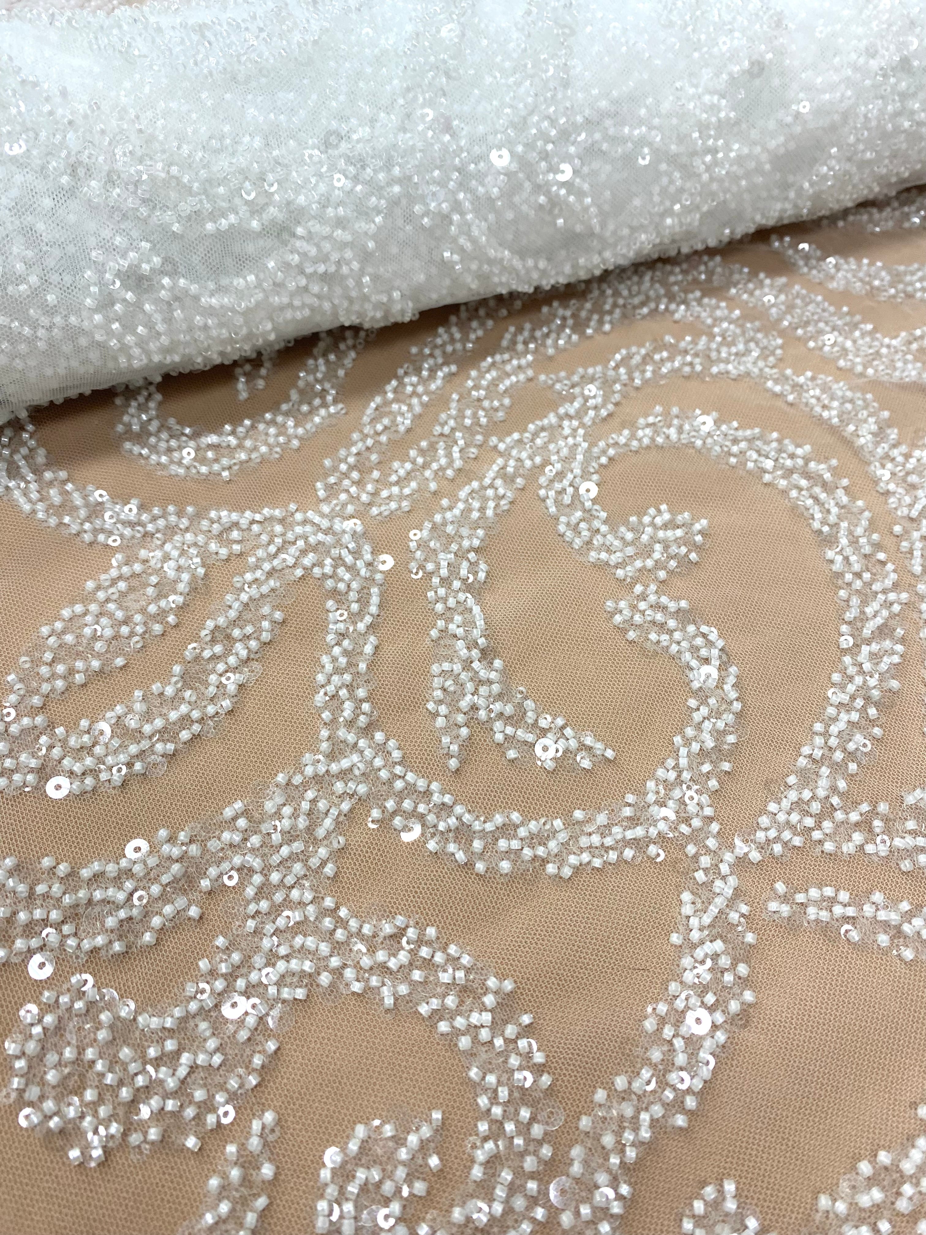 Dantela Couture Ivory cu Model Geometric, cu Margele si Paiete