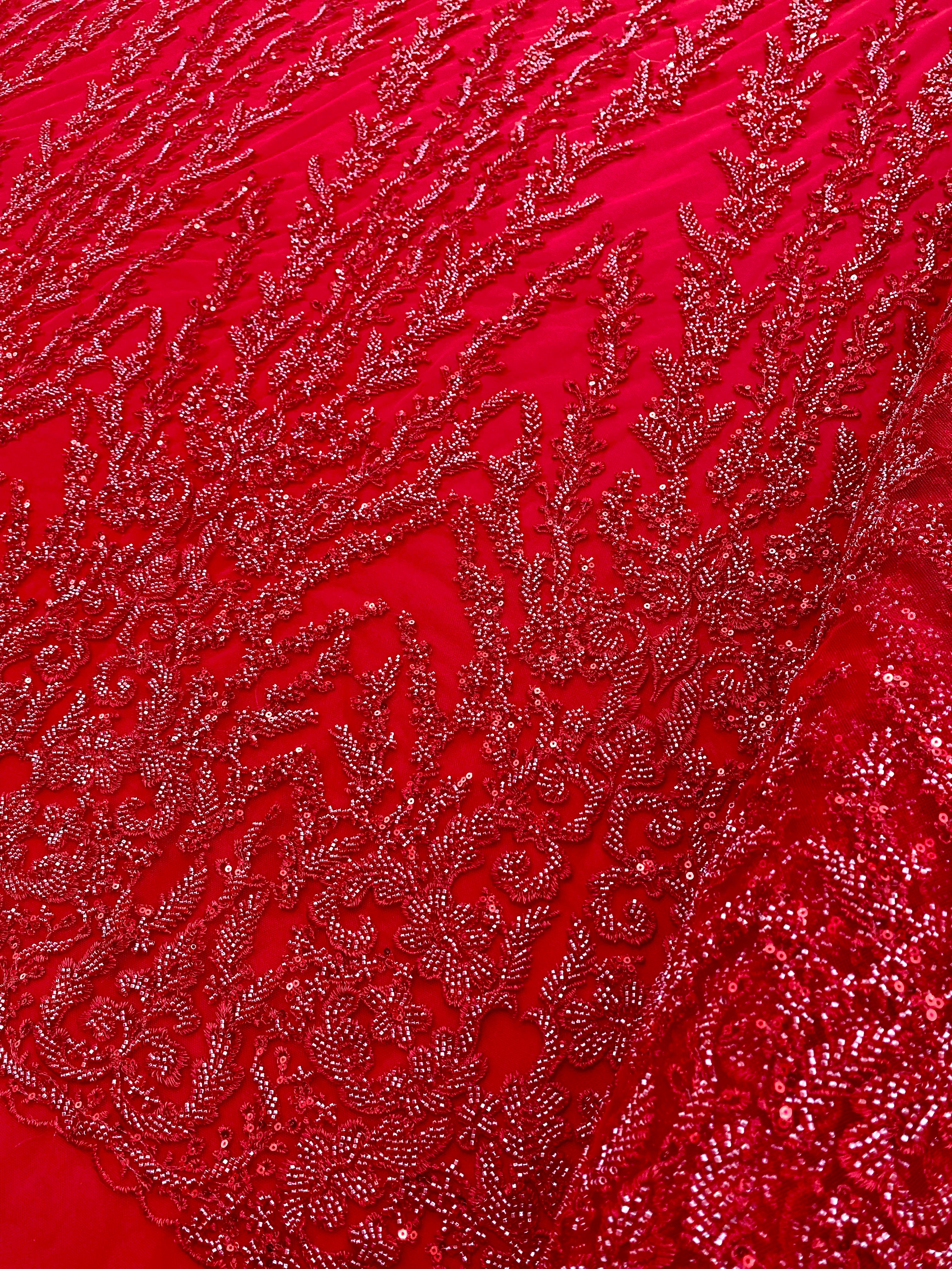 Red Couture Lace with Geometric Pattern, Beads and Sequins