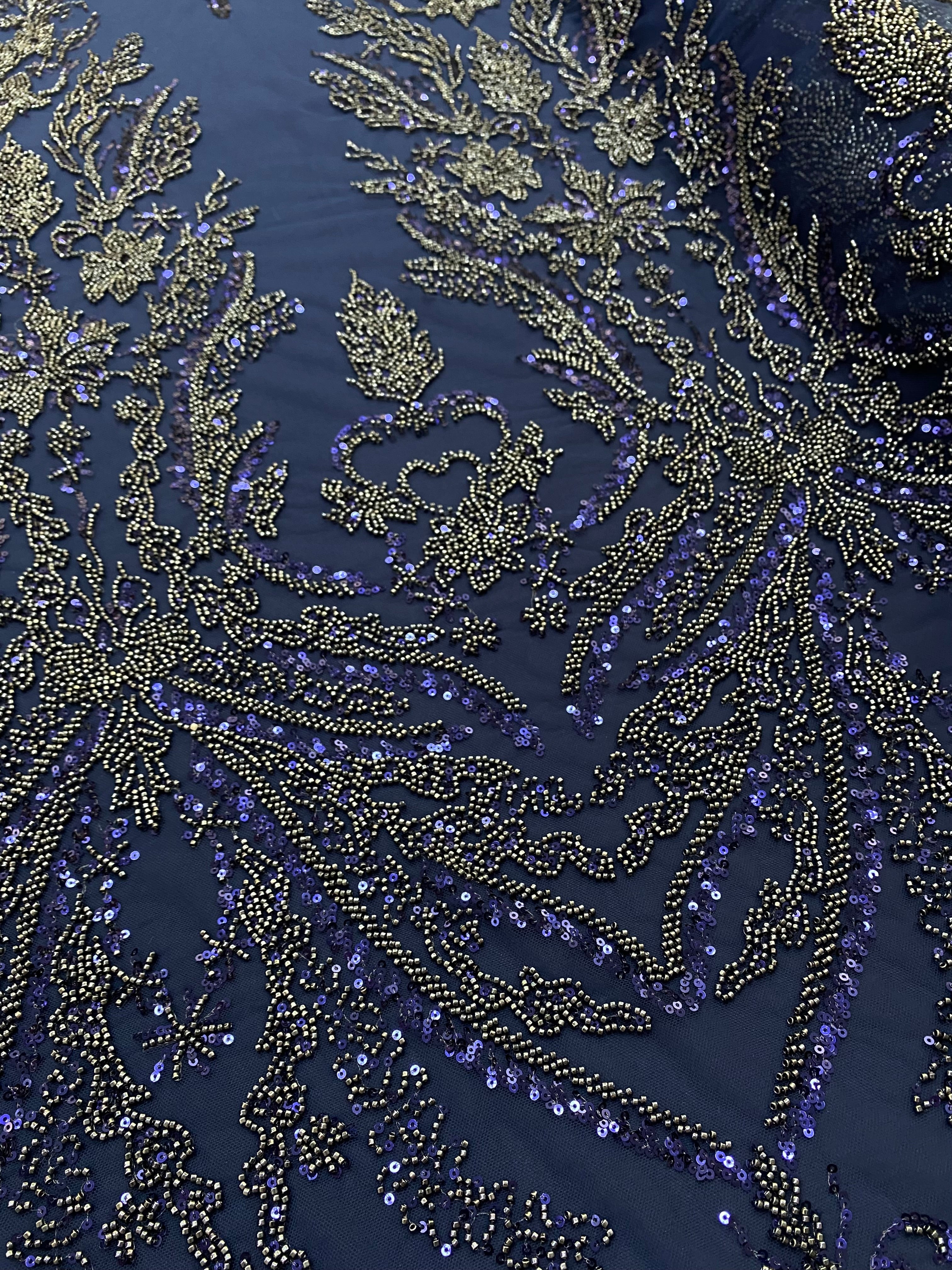 Navy Blue Couture Lace with Floral Pattern, Beads and Sequins
