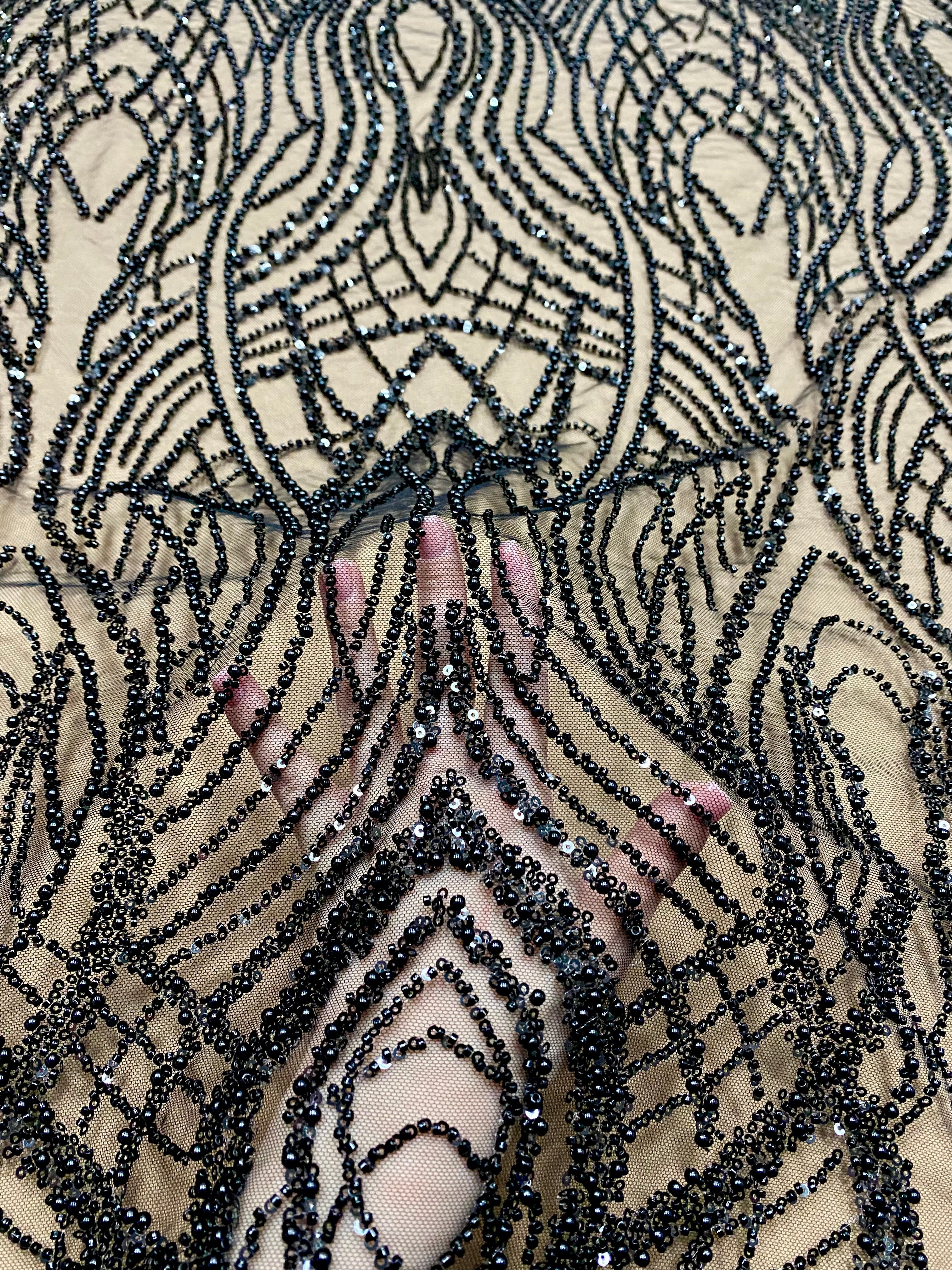 Dantela Couture Neagra cu Perle, Margele si Paiete