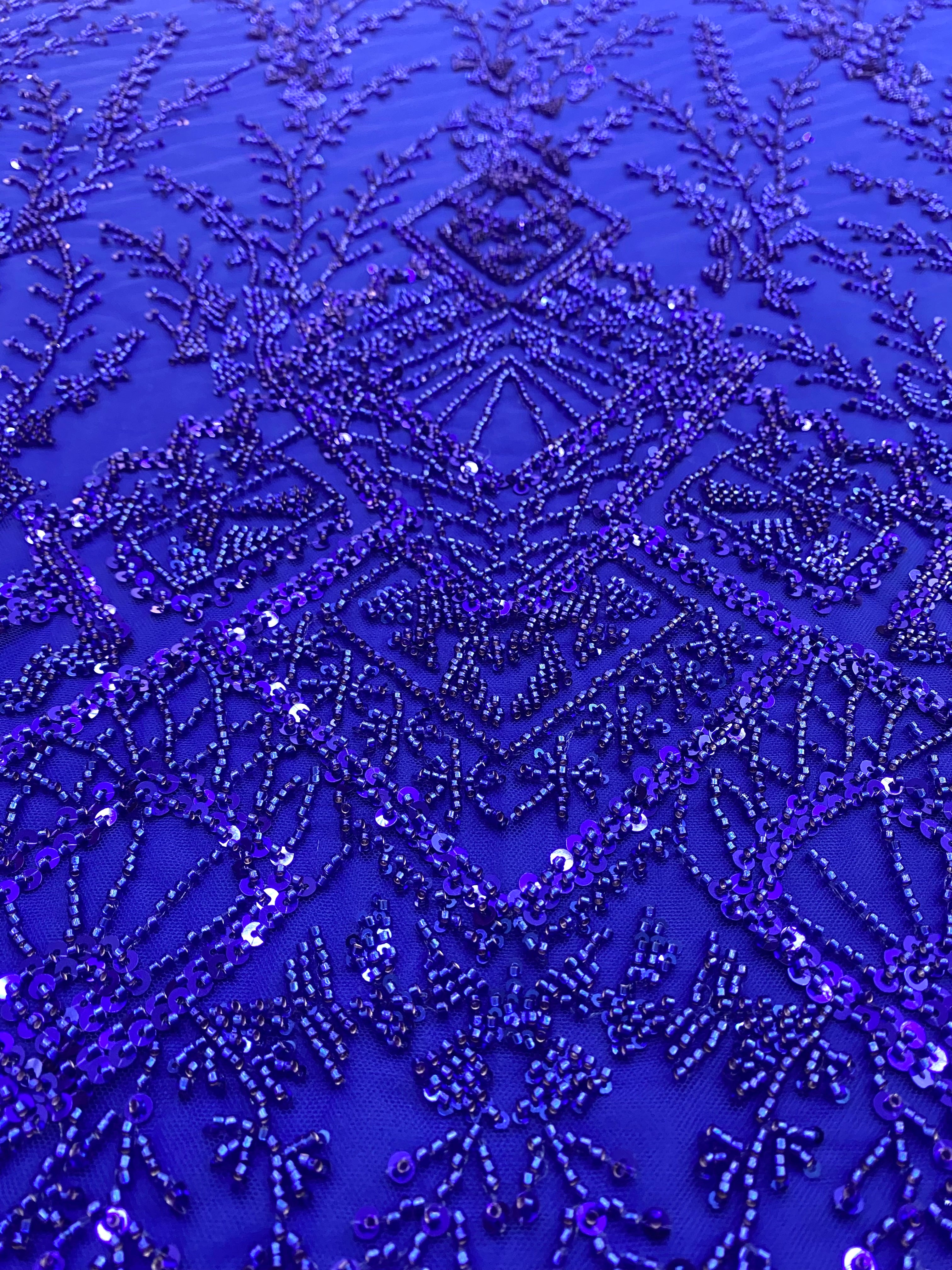 Dantela Couture Albastru Royal cu Model Geometric, cu Margele si Paiete