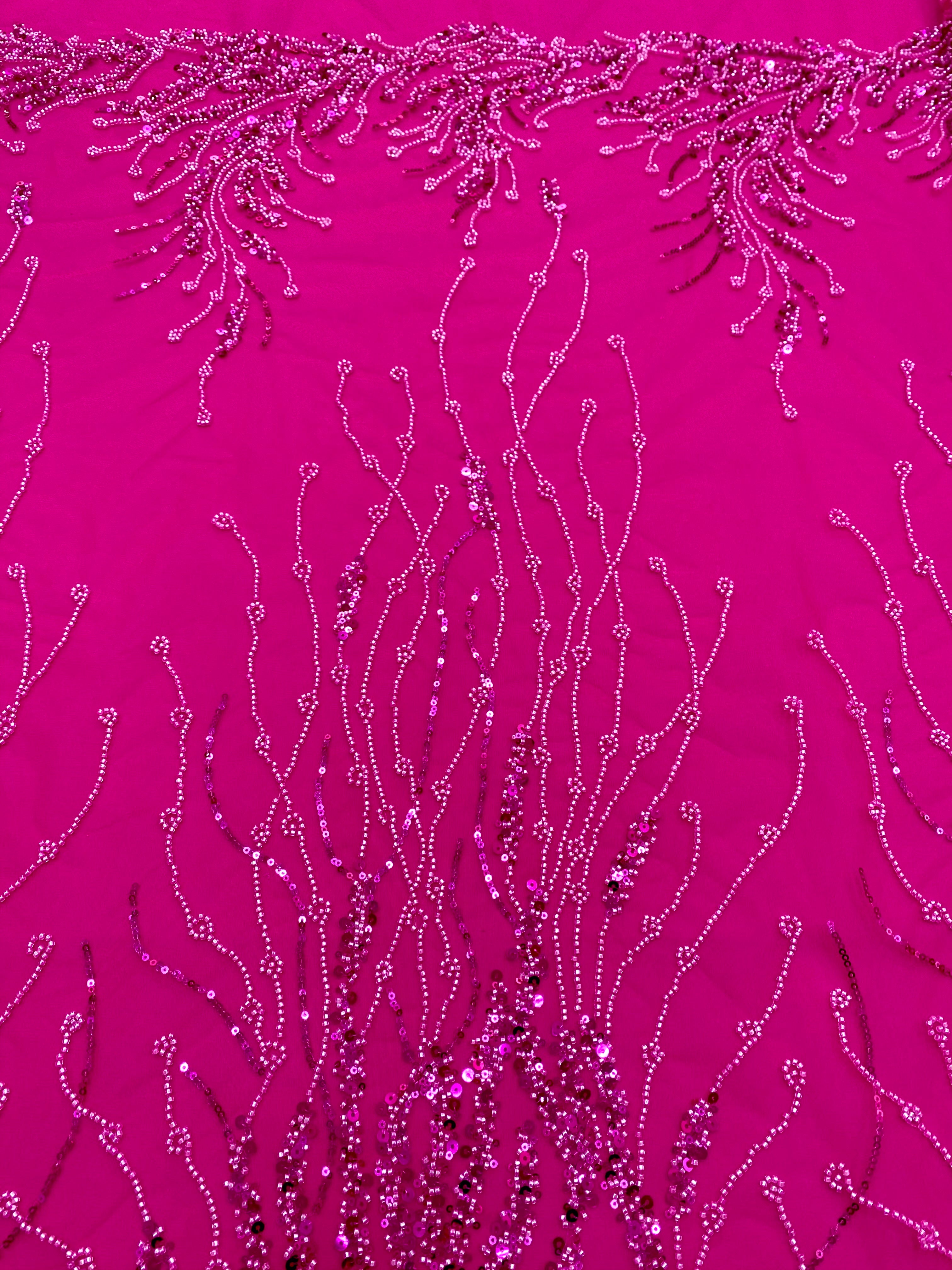Dantela Couture Fucsia cu Siraguri, cu Margele si Paiete