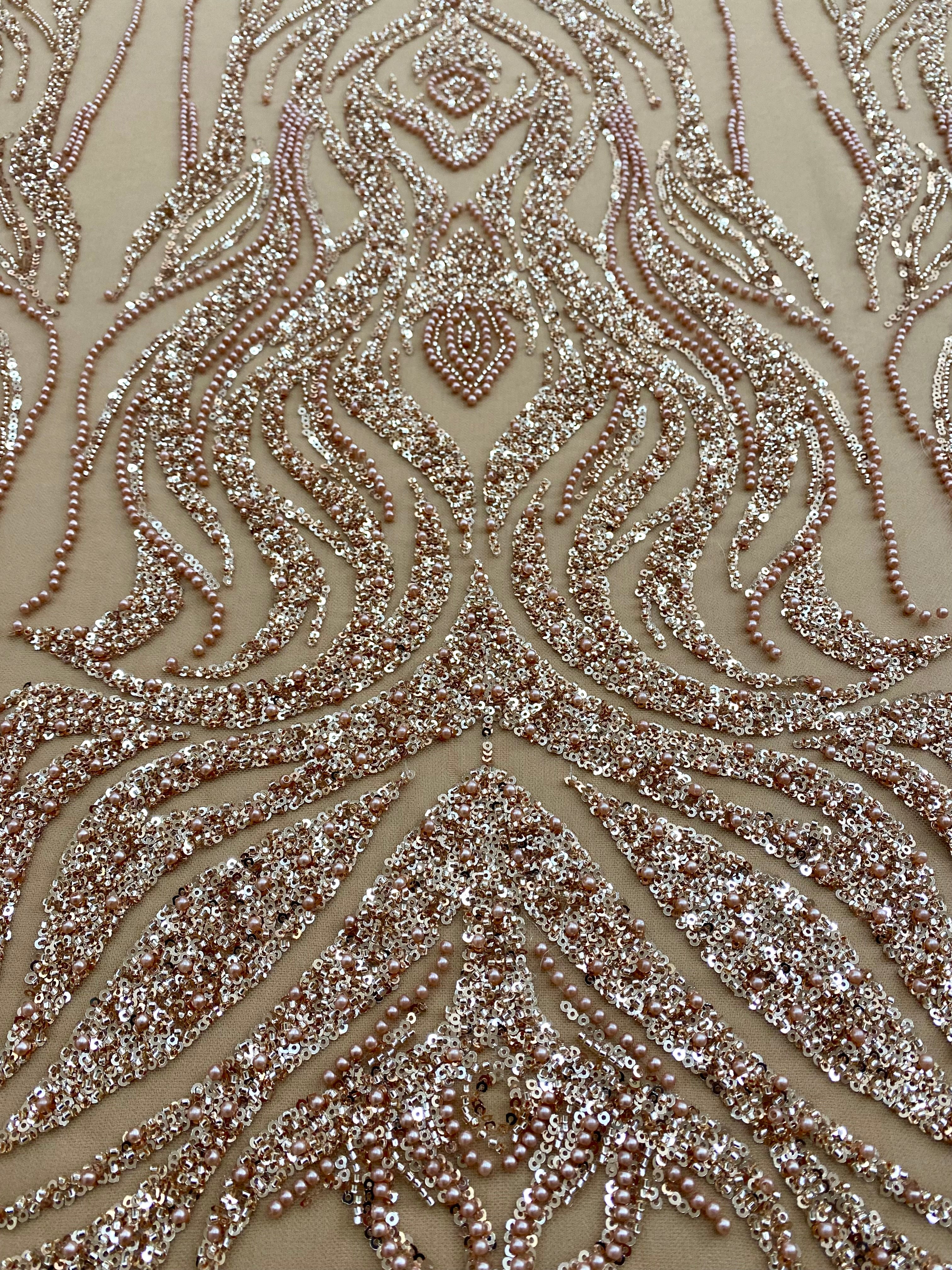 Rose Gold Couture Lace with Geometric Pattern, with Pearls, Beads and Sequins 