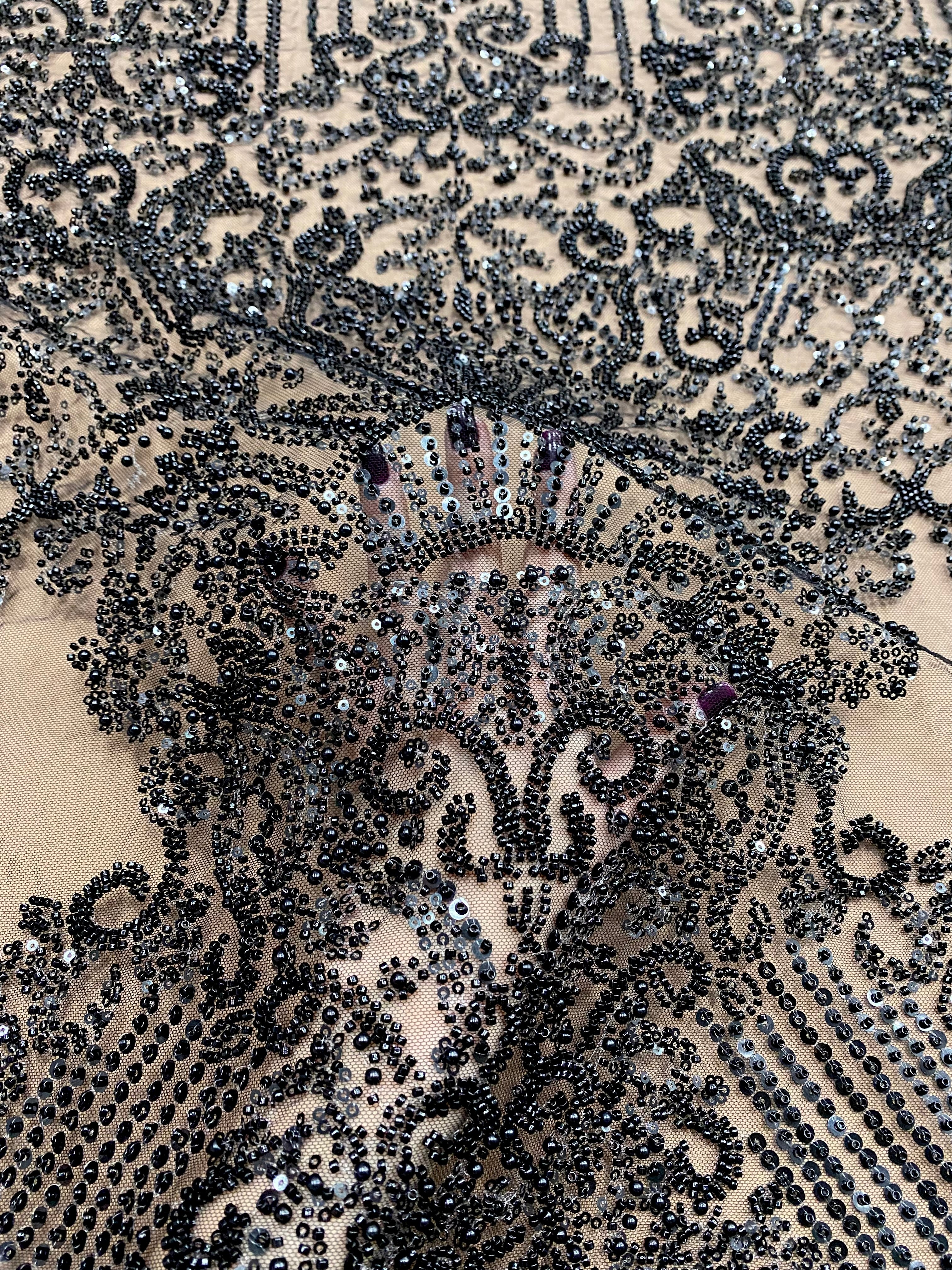Cupon 1.30 m din Dantela Couture Neagra cu Model Geometric, cu Perle, Margele si Paiete