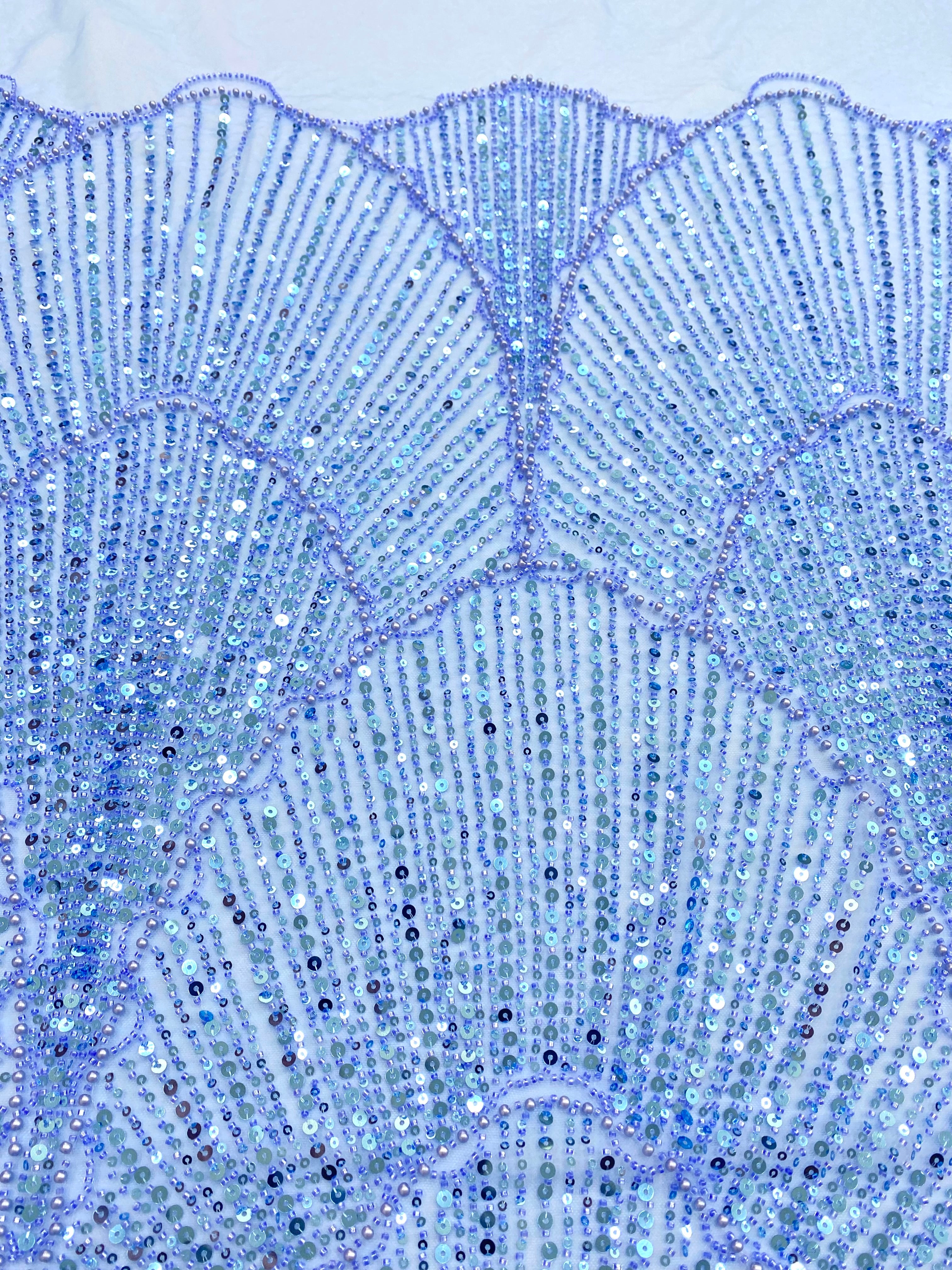 Dantela Couture Sky Blue cu Model Geometric, cu Perle, Margele si Paiete