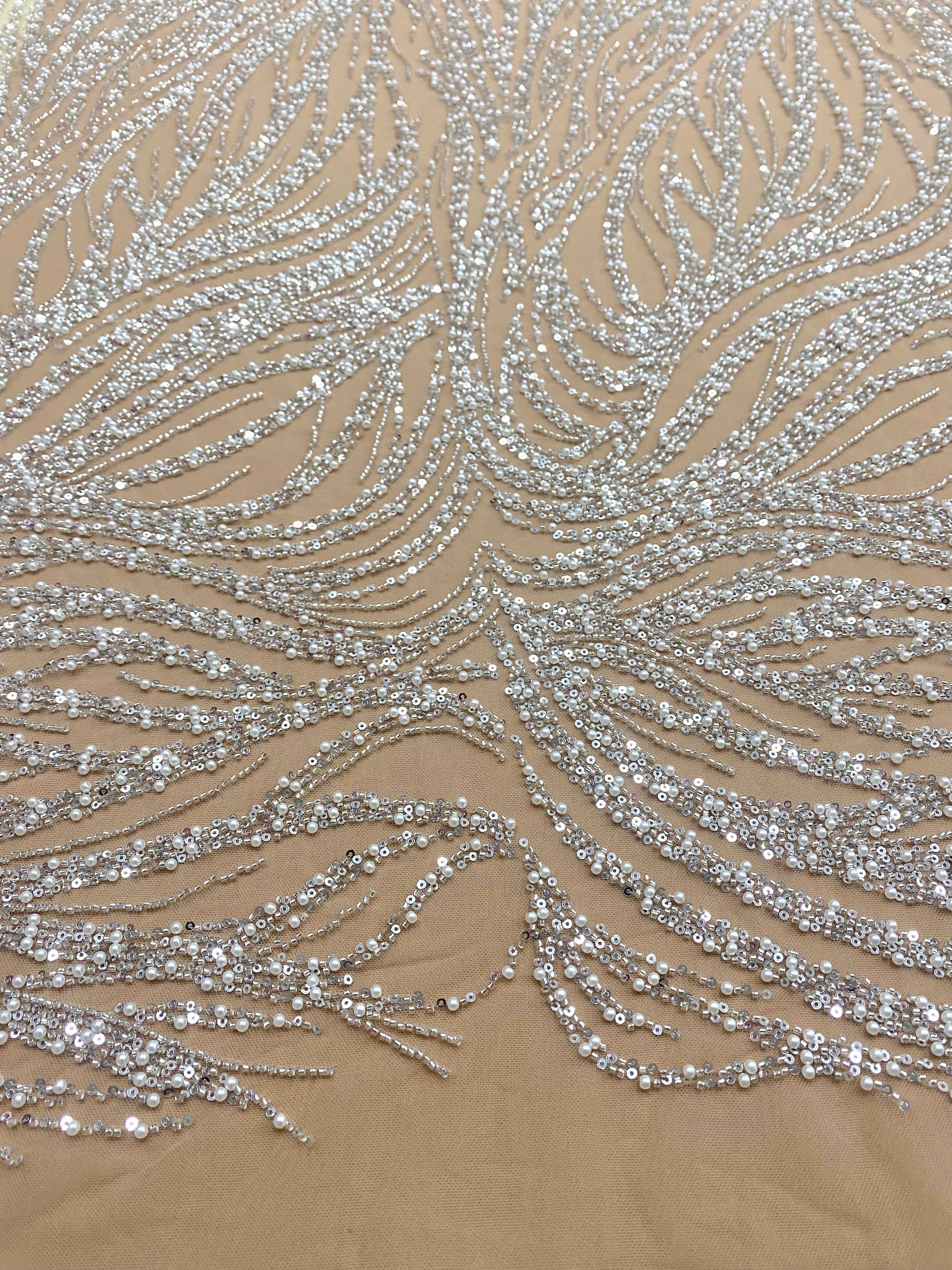 Silver Couture Lace on Nude Tulle with Geometric Pattern, with Pearls, Beads and Sequins