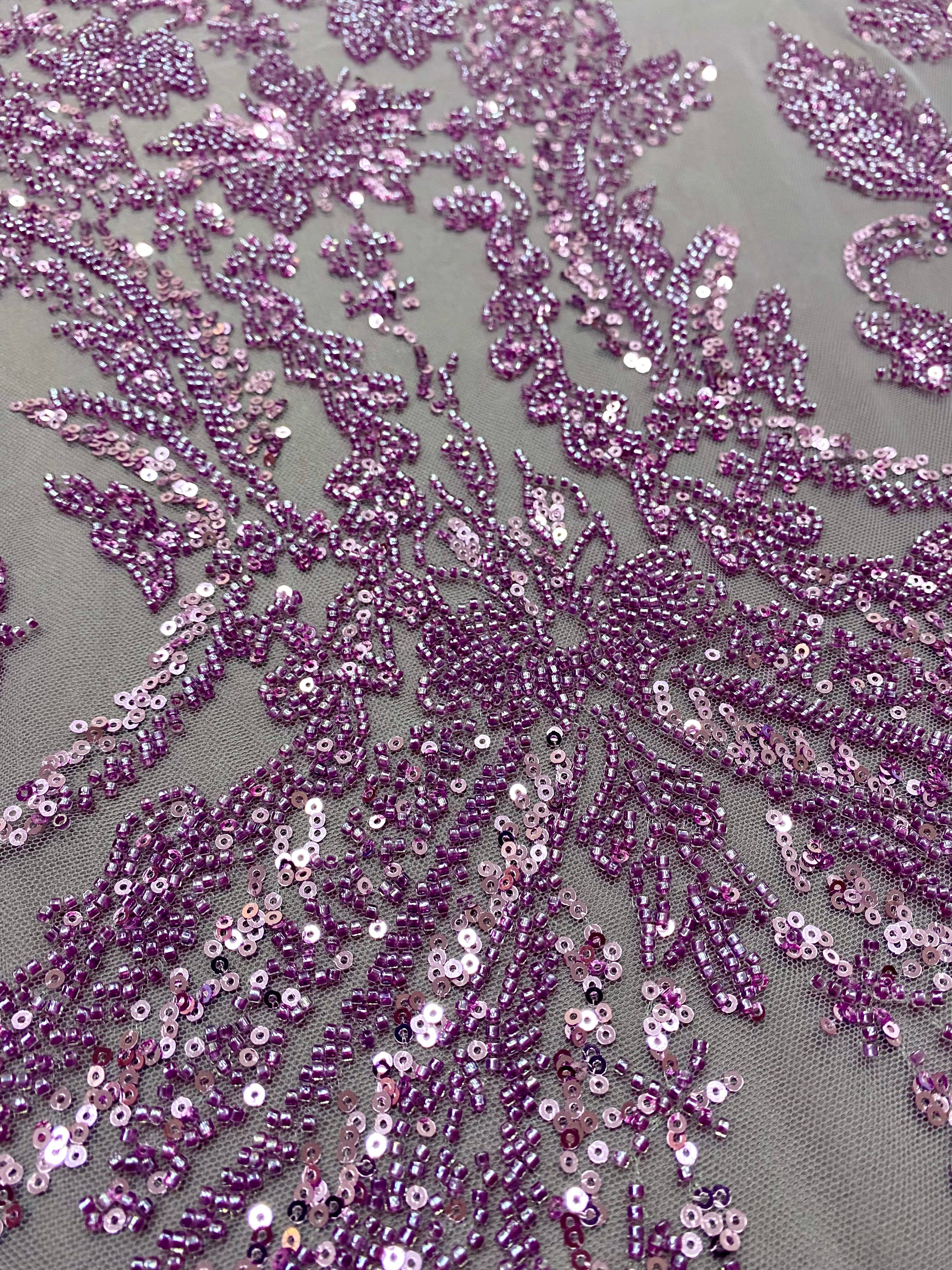 Dantela Couture Lavanda Pudrata cu Model Floral, cu Margele si Paiete
