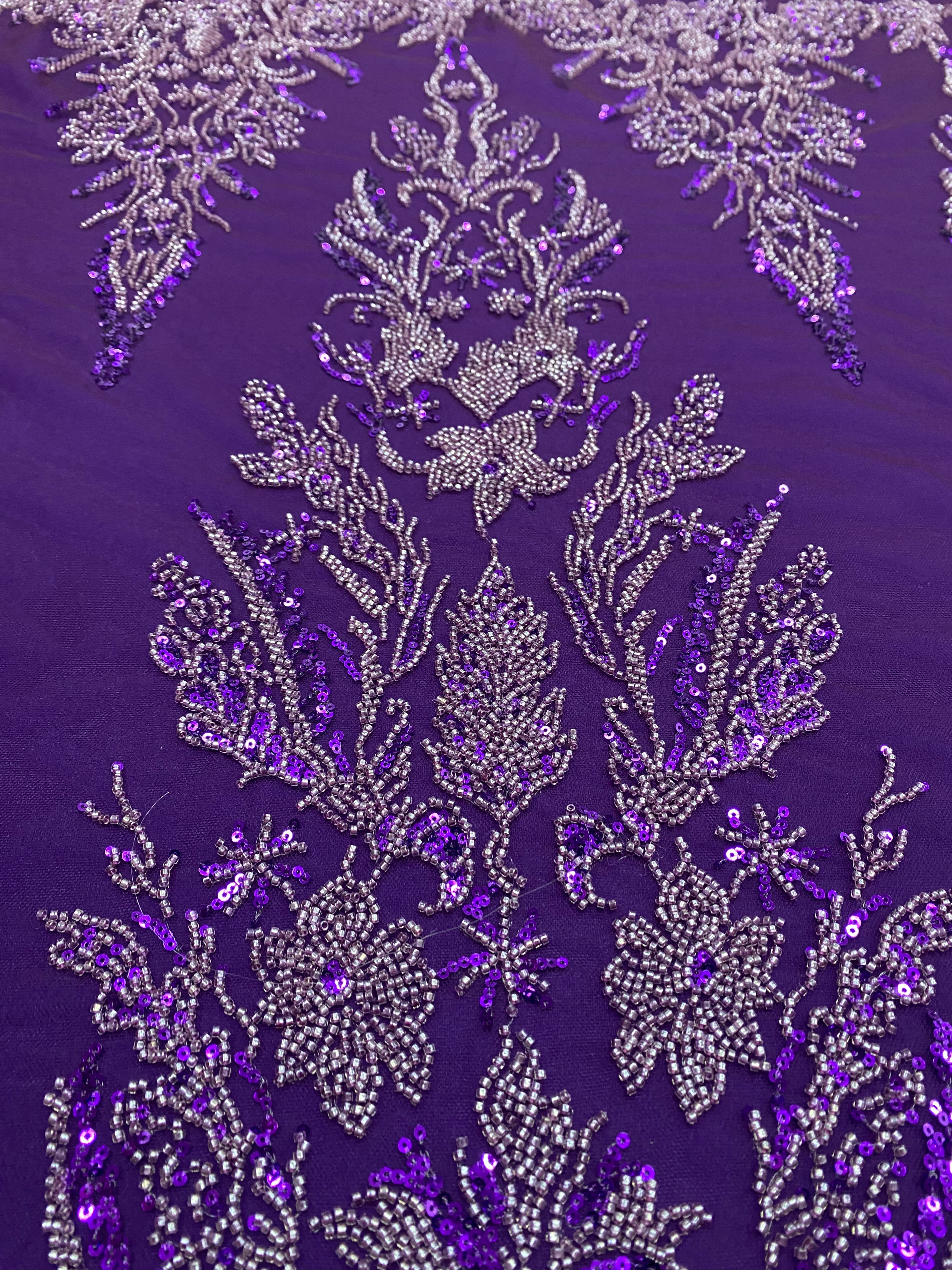 Dantela Couture Mov Inchis cu Model Floral, cu Margele si Paiete