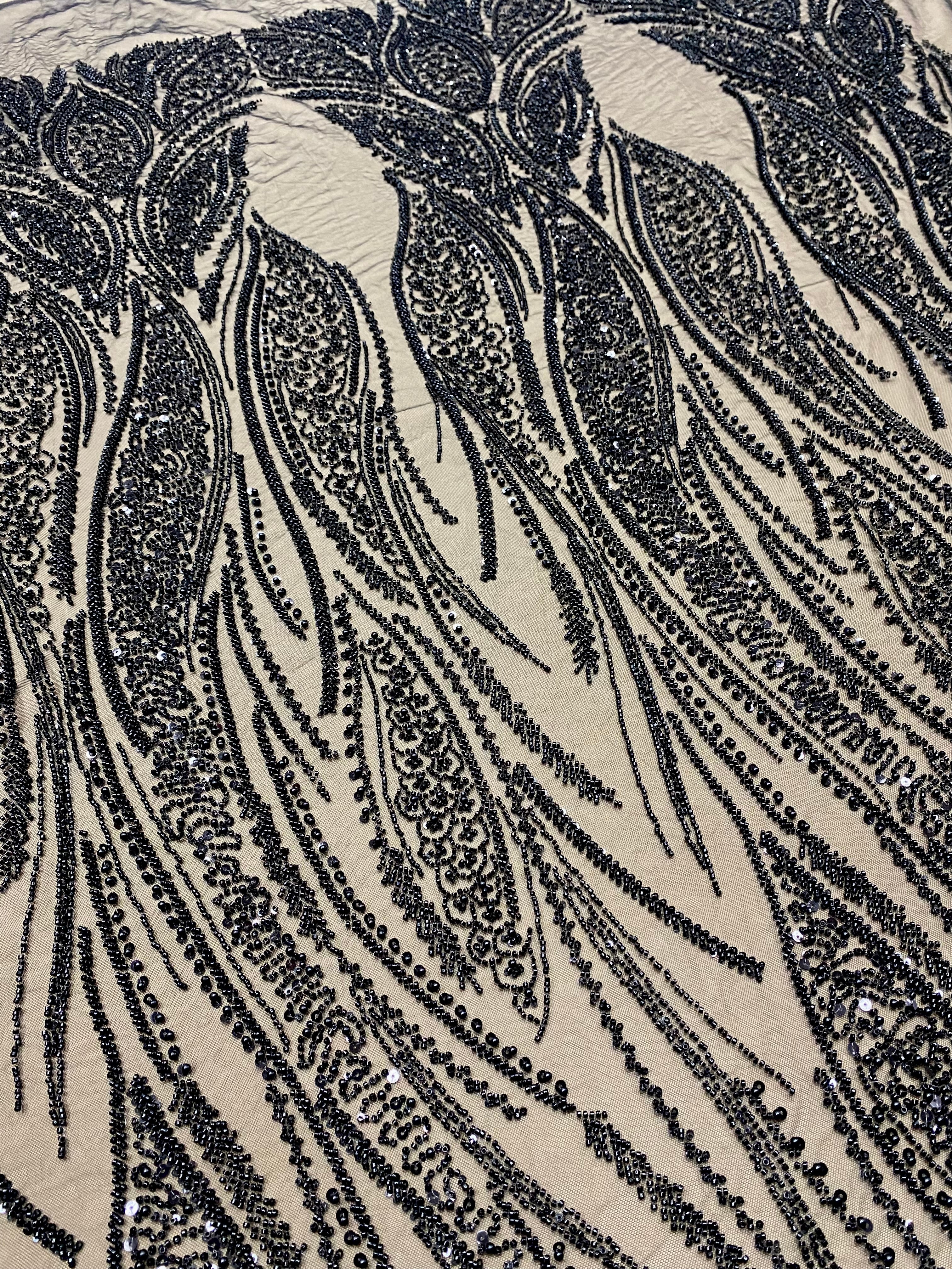 Black Couture Lace with Panel, with Pearls, Beads and Sequins