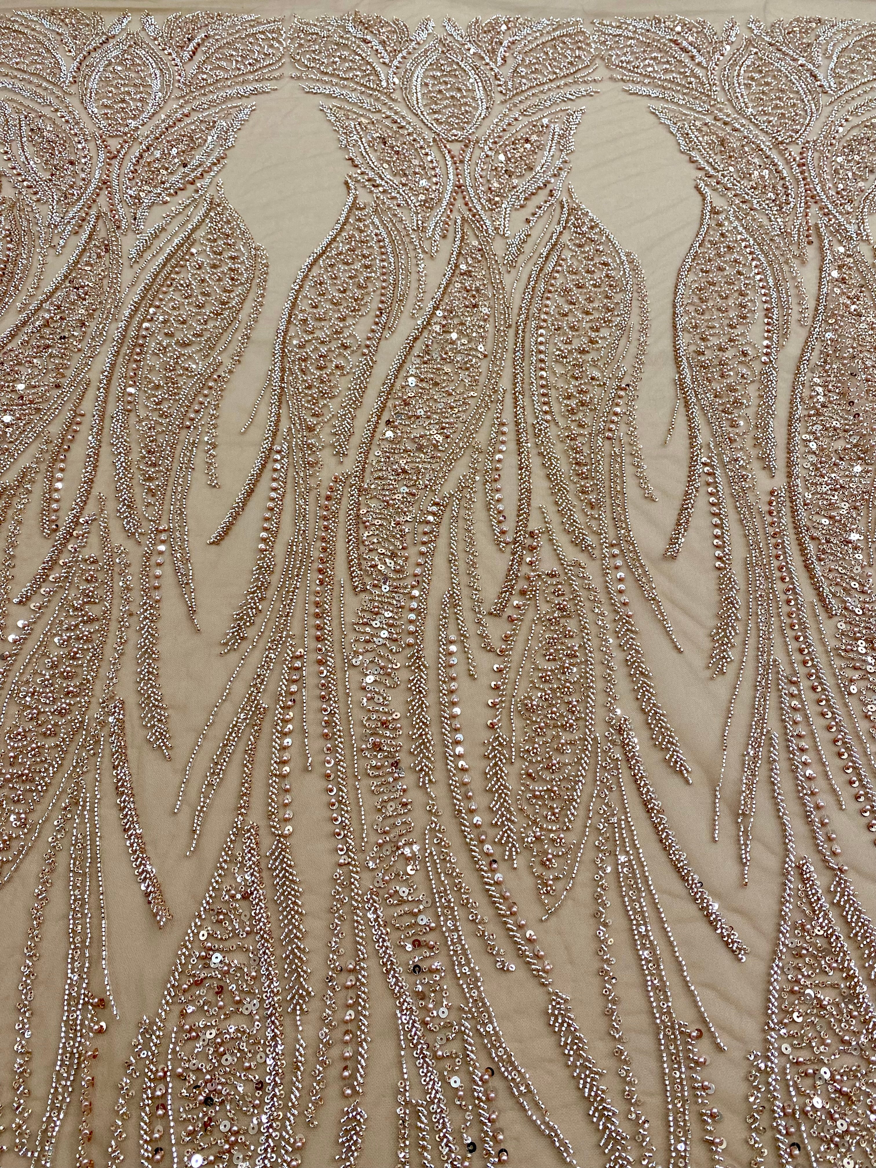 Rose Gold Couture Lace with Panel, Pearls, Beads and Sequins