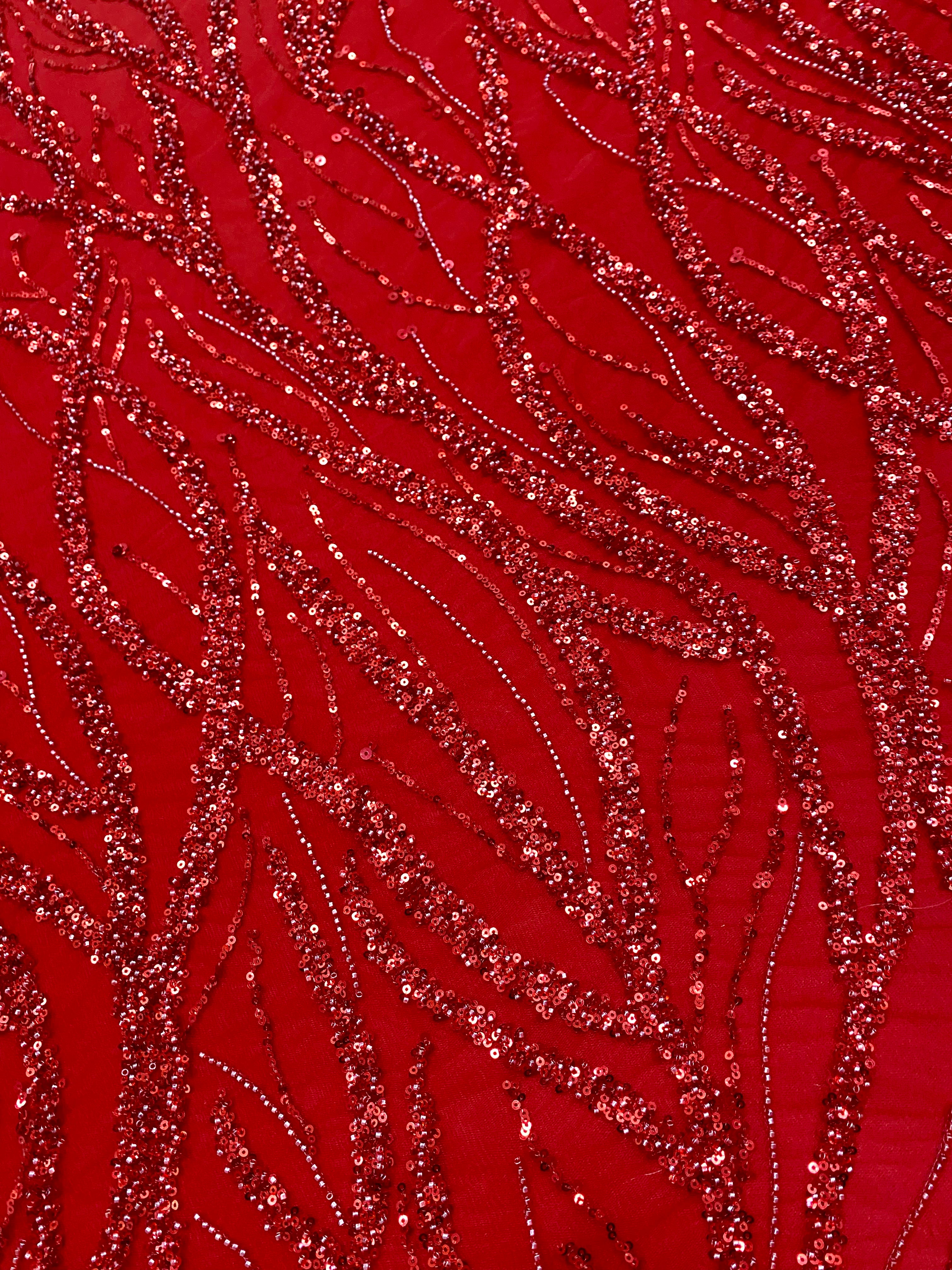 Red Couture Lace with Strings, Beads and Sequins