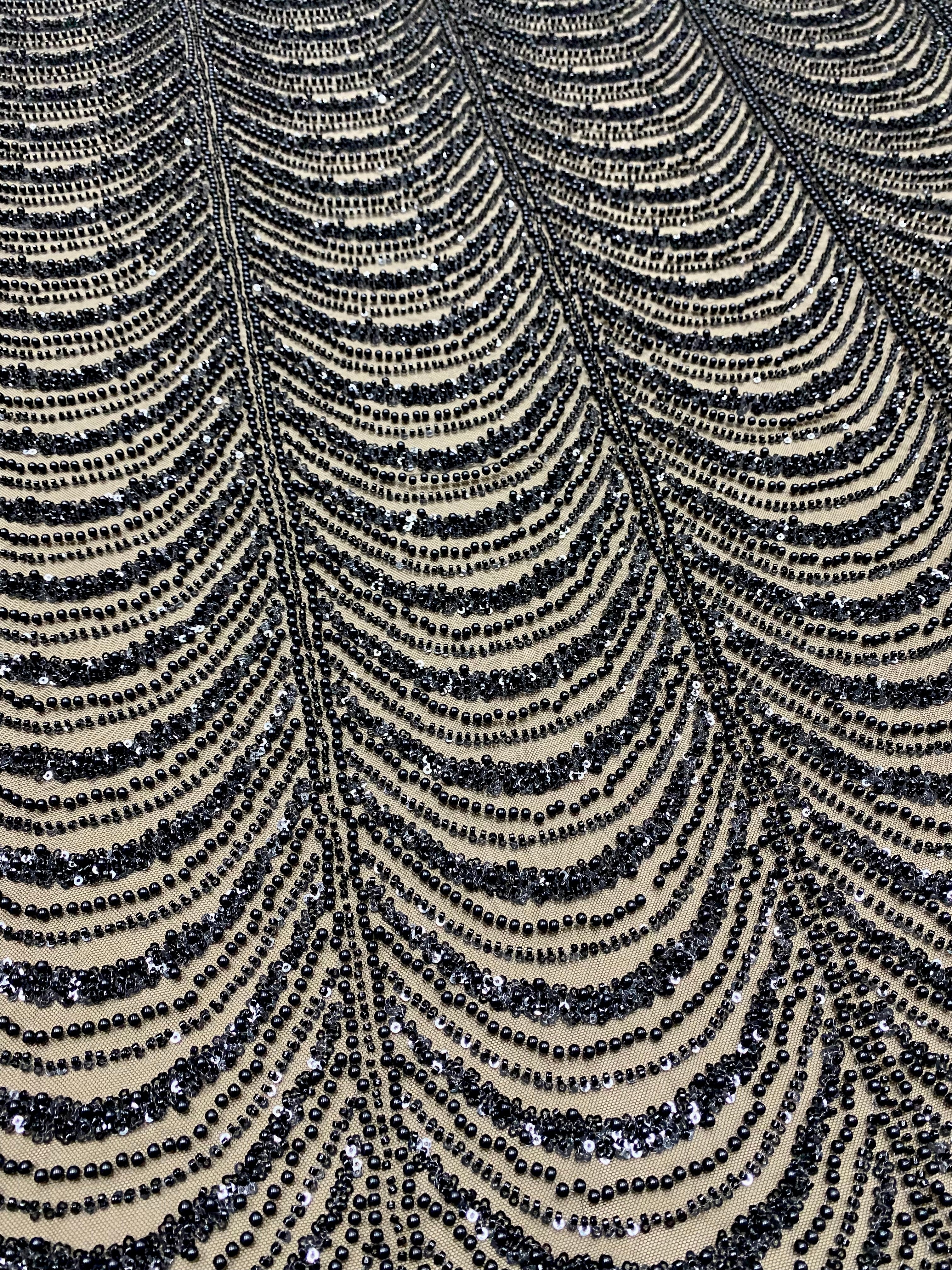 Black Couture Lace with Geometric Pattern, with Pearls, Beads and Sequins