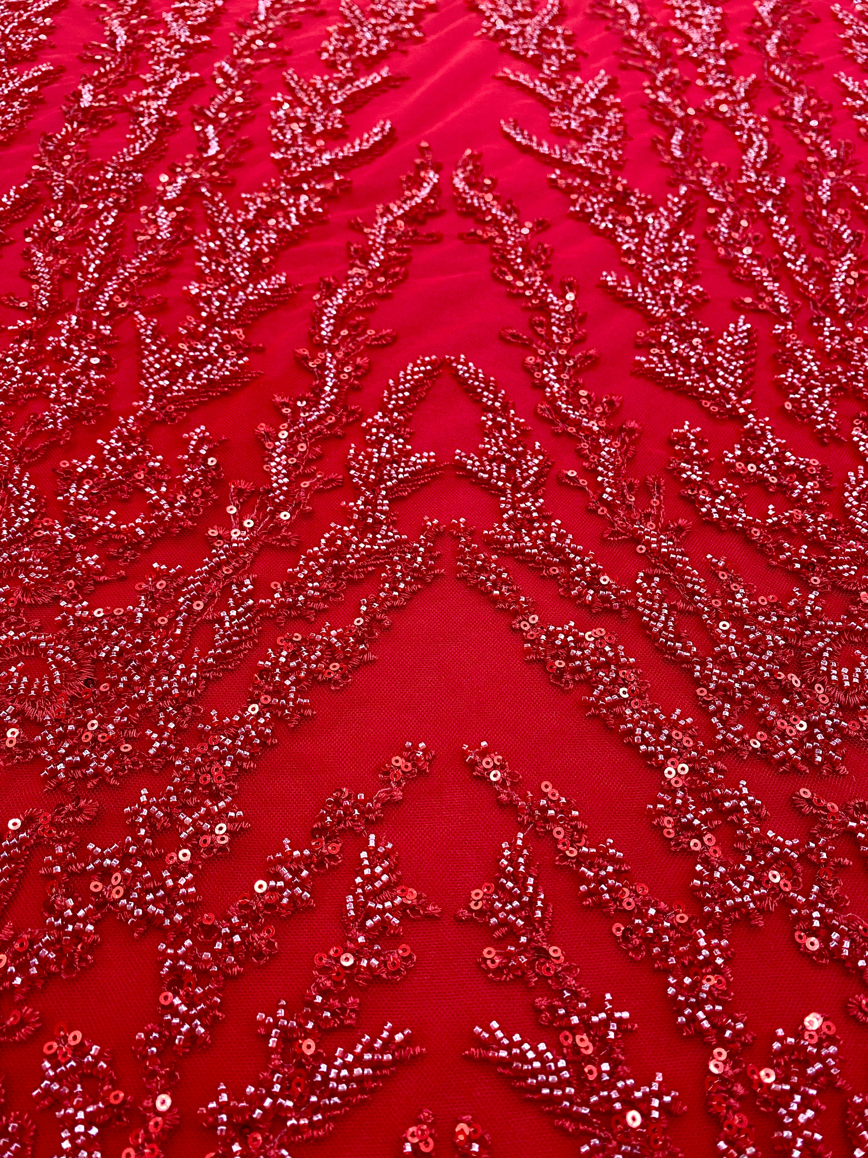 Red Couture Lace with Geometric Pattern, Beads and Sequins