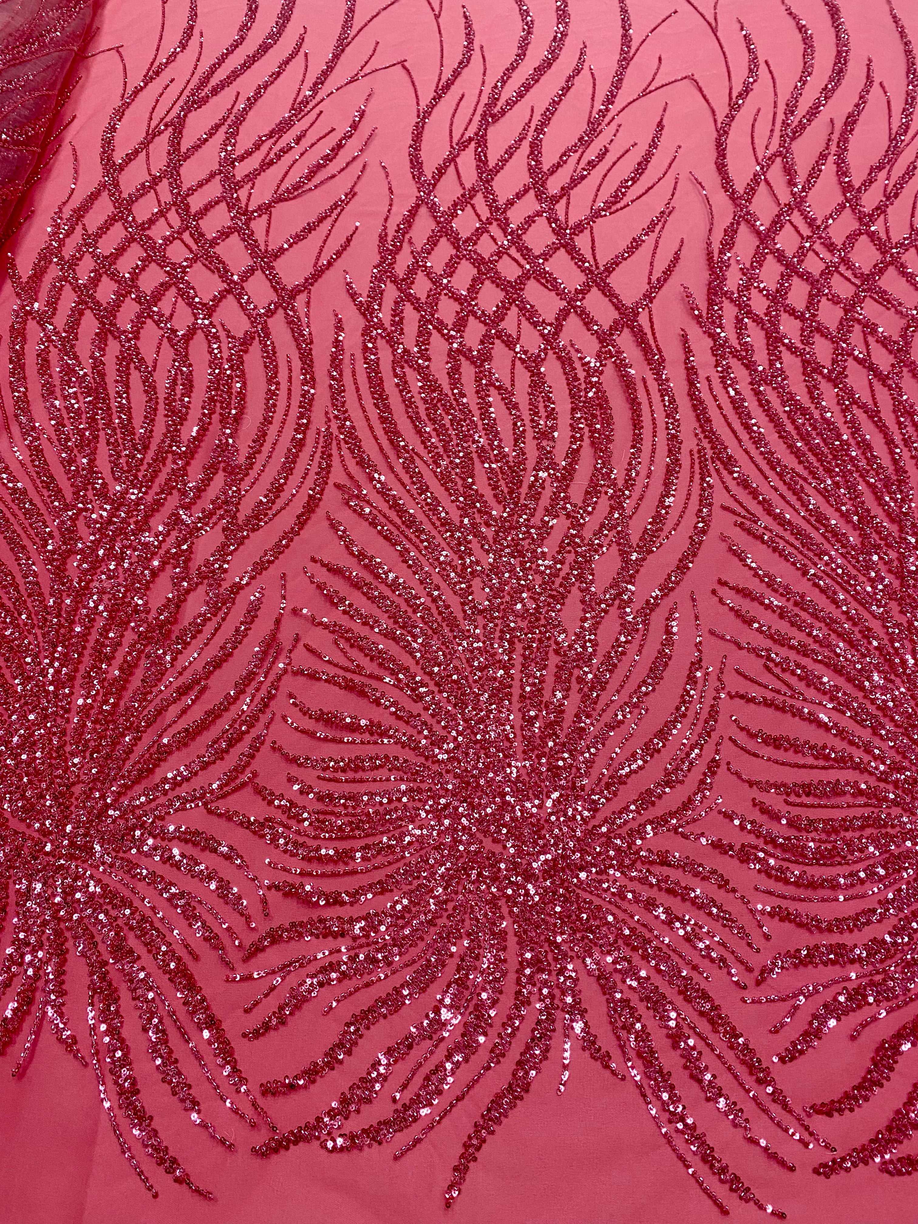 Dantela Couture Roz Coral cu Siraguri, cu Margele si Paiete