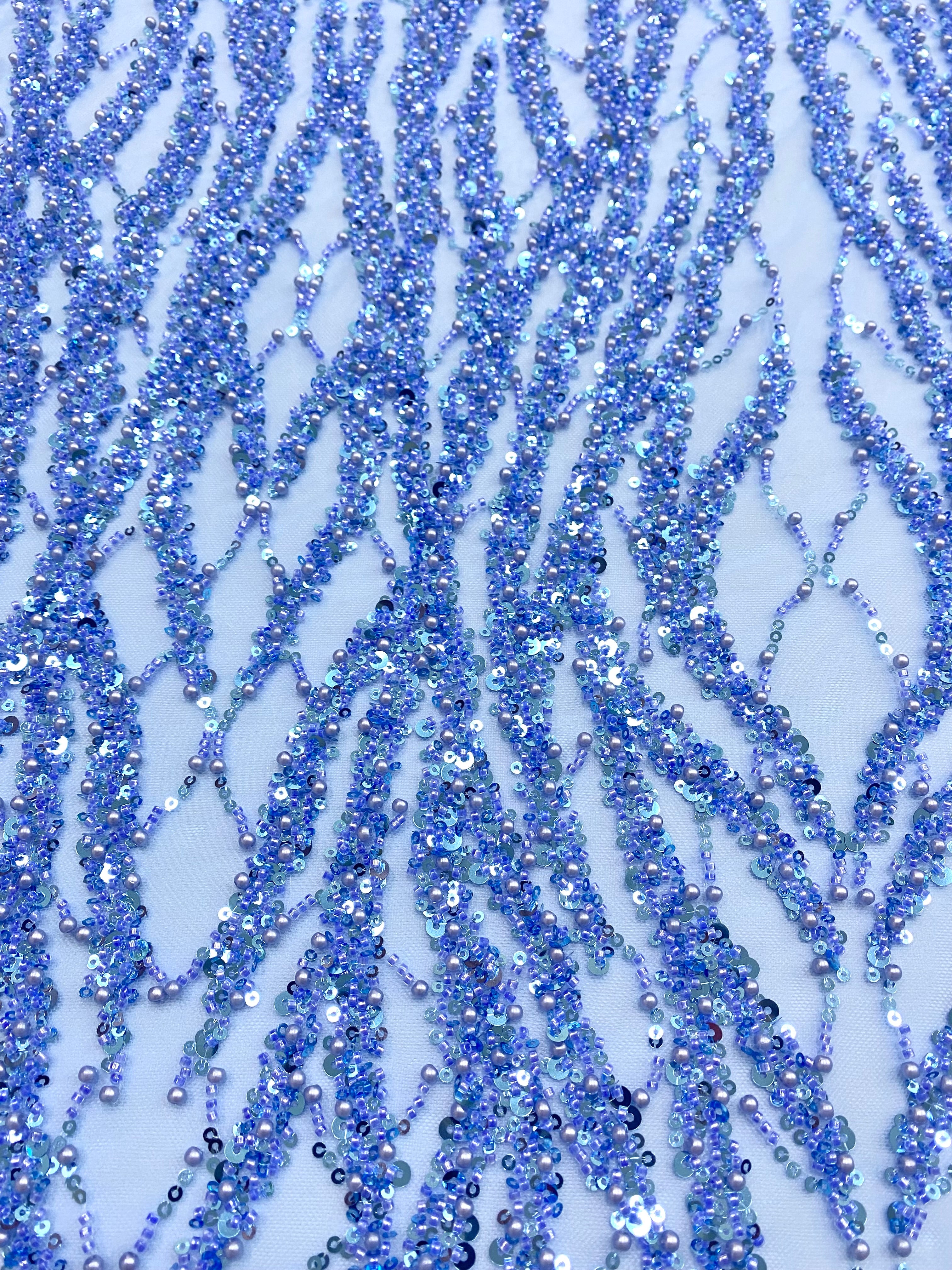 Silver Lace with Nude Tulle with Linear Pattern, Beads and Sequins