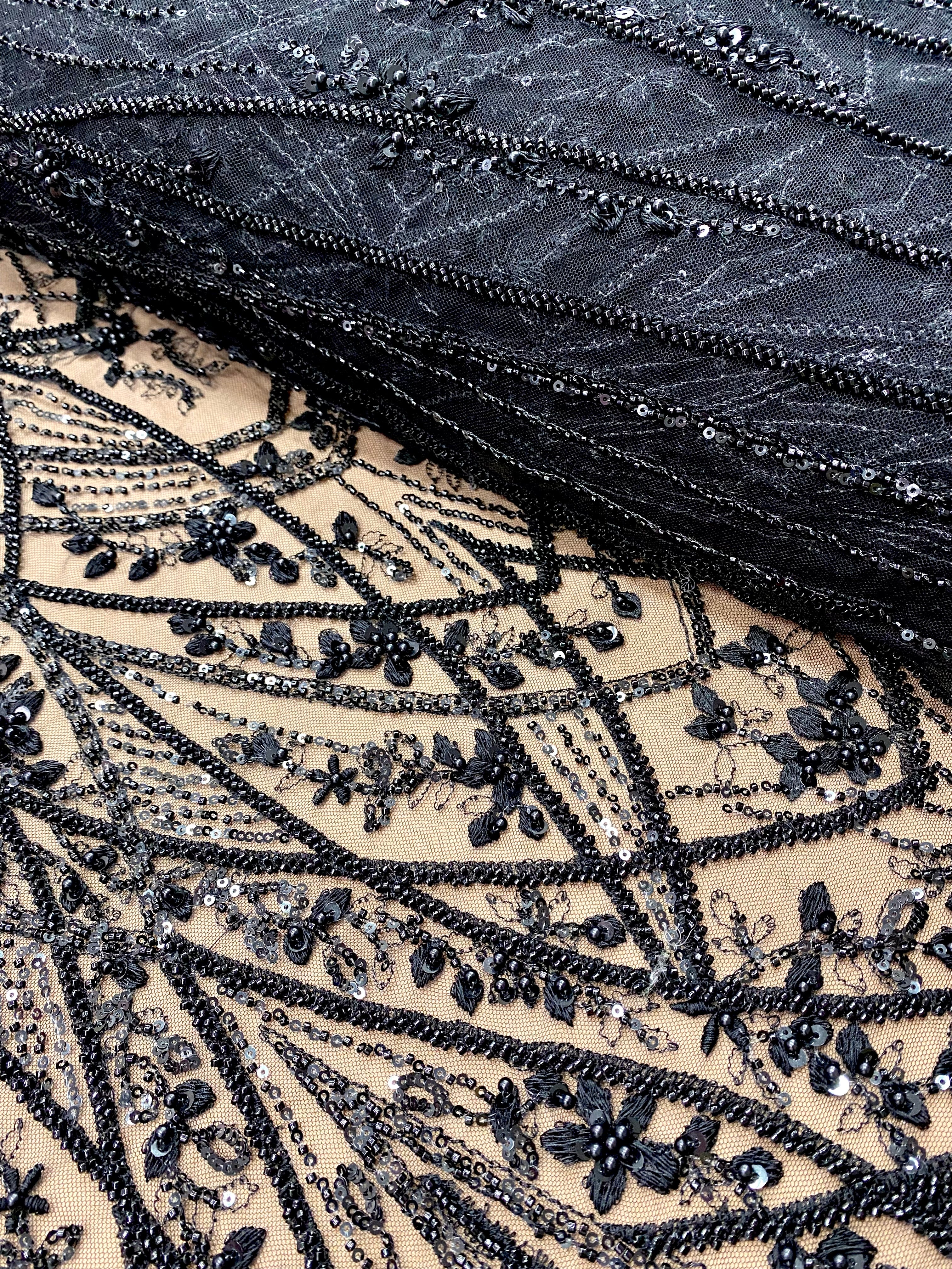 Black Couture Lace with Geometric Pattern, with Pearls, Beads and Sequins