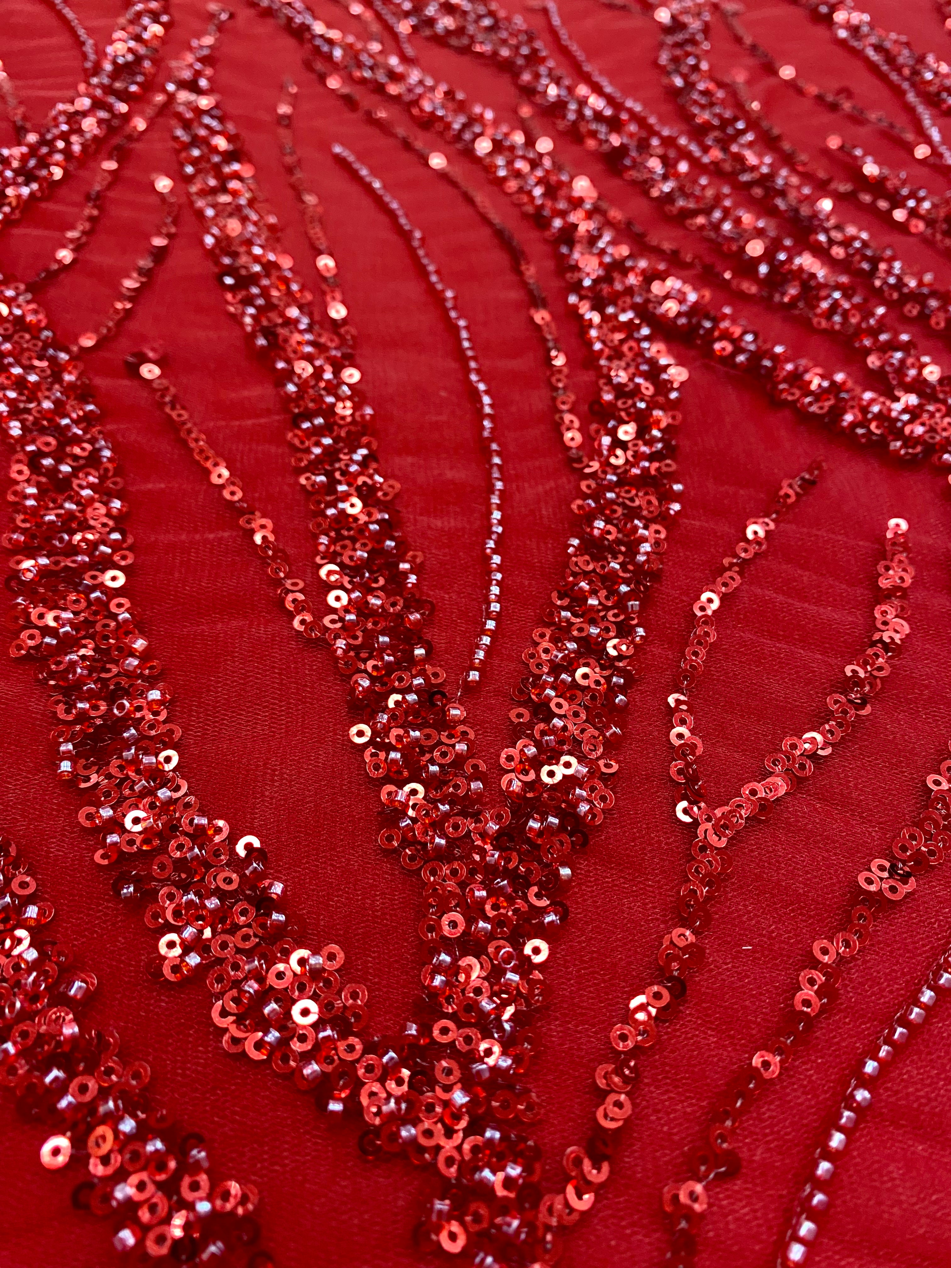 Red Couture Lace with Strings, Beads and Sequins
