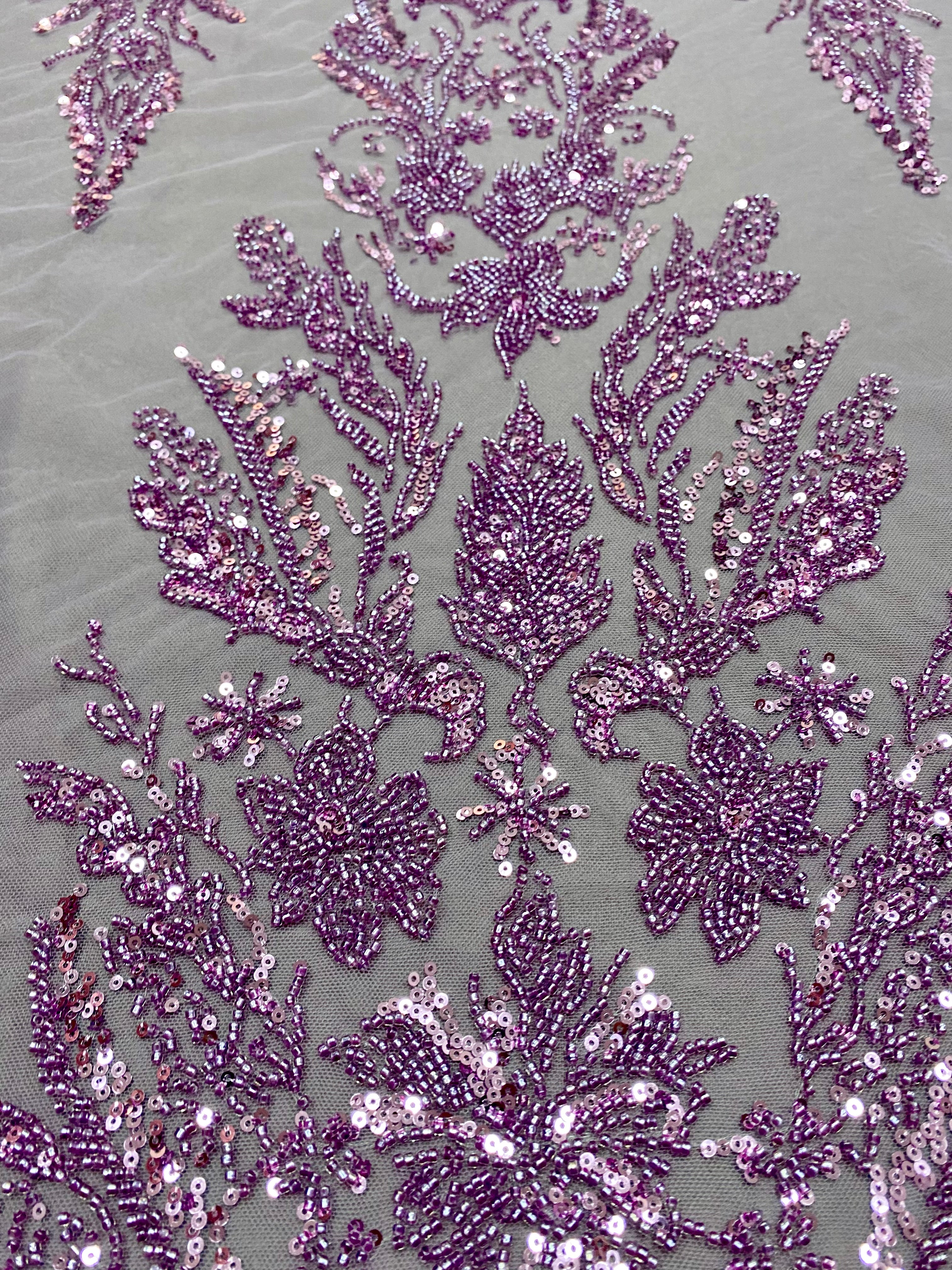 Dantela Couture Lavanda Pudrata cu Model Floral, cu Margele si Paiete