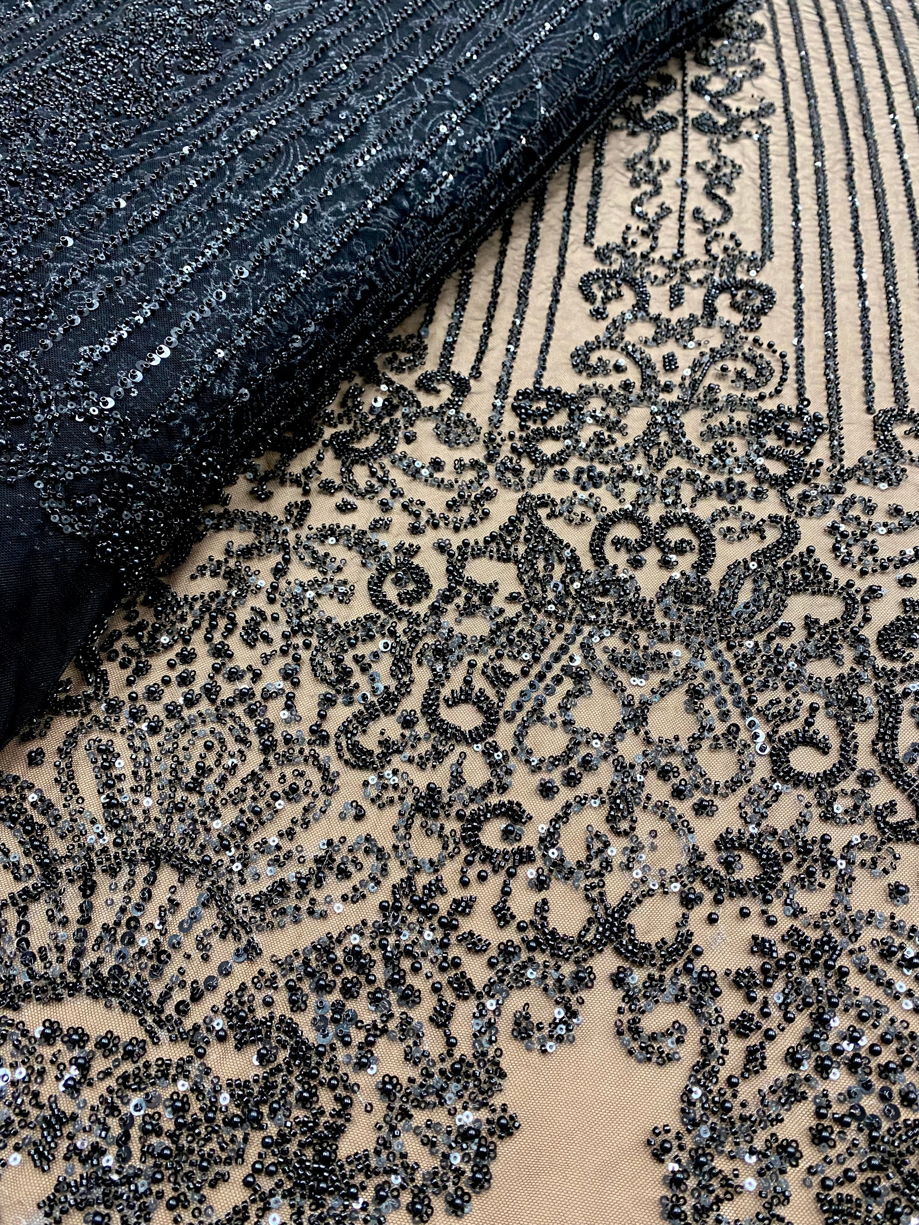 Cupon 1.30 m din Dantela Couture Neagra cu Model Geometric, cu Perle, Margele si Paiete