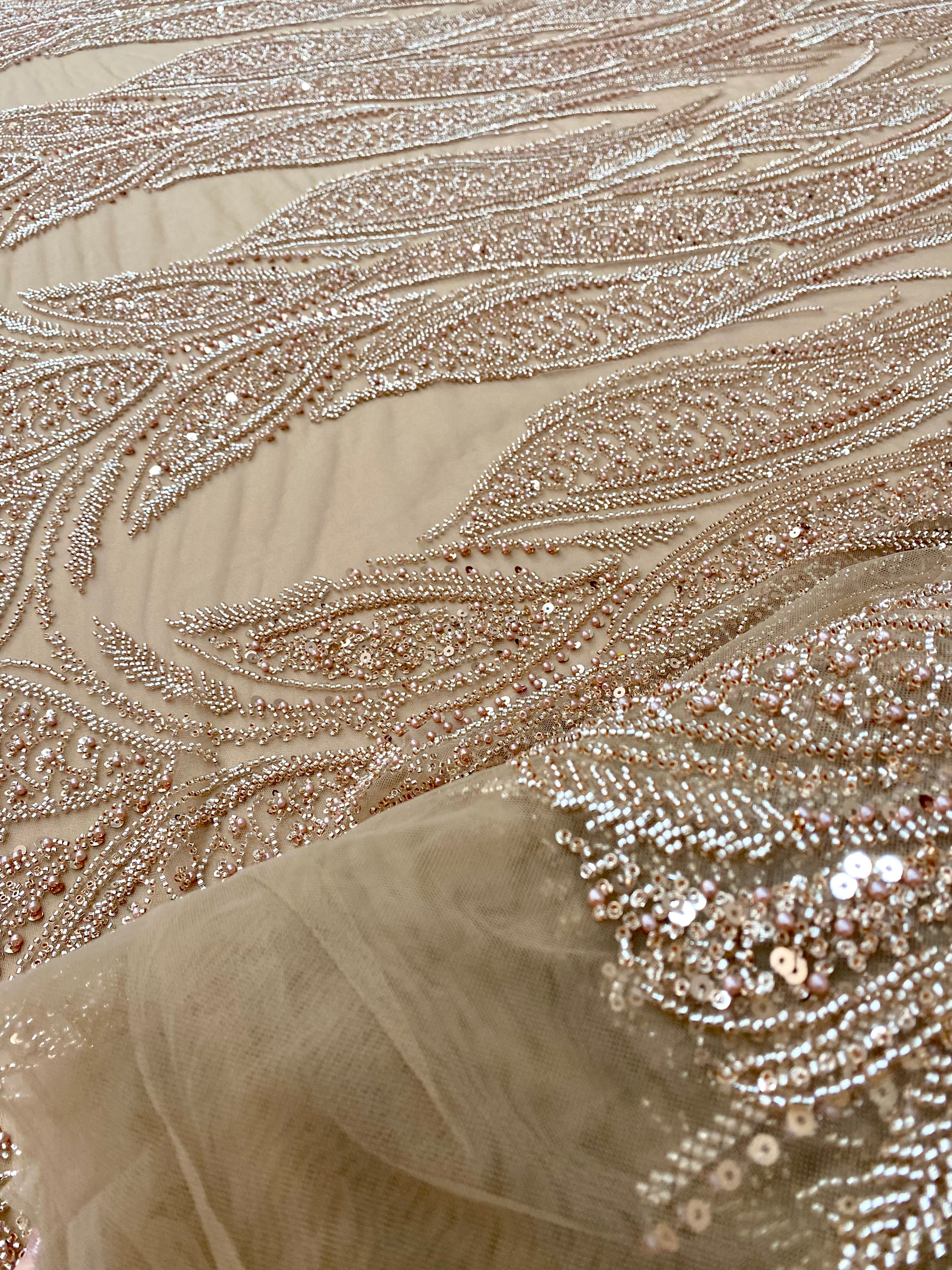 Rose Gold Couture Lace with Panel, Pearls, Beads and Sequins
