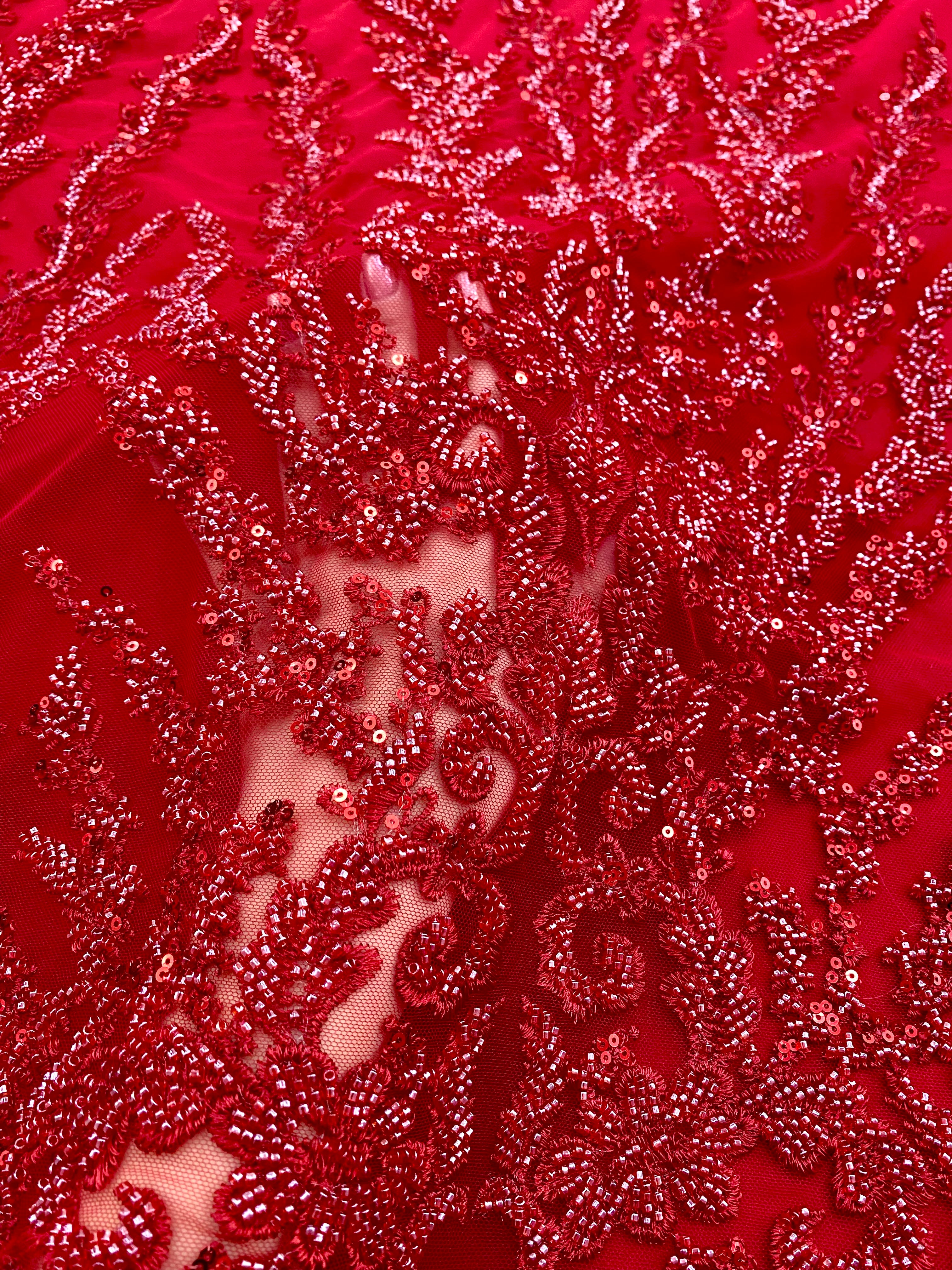Red Couture Lace with Geometric Pattern, Beads and Sequins