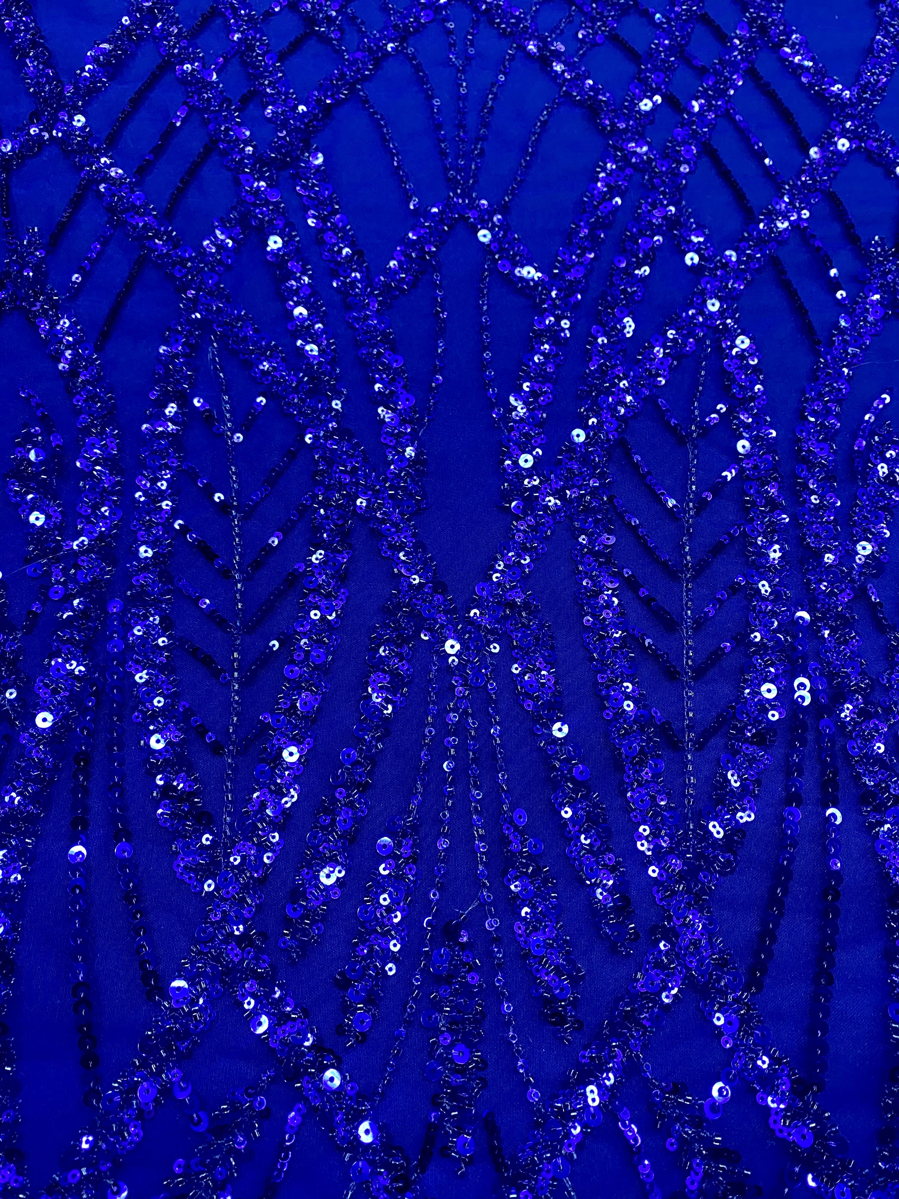Dantela Couture Albastru Royal cu Model Geometric, cu Margele si Paiete