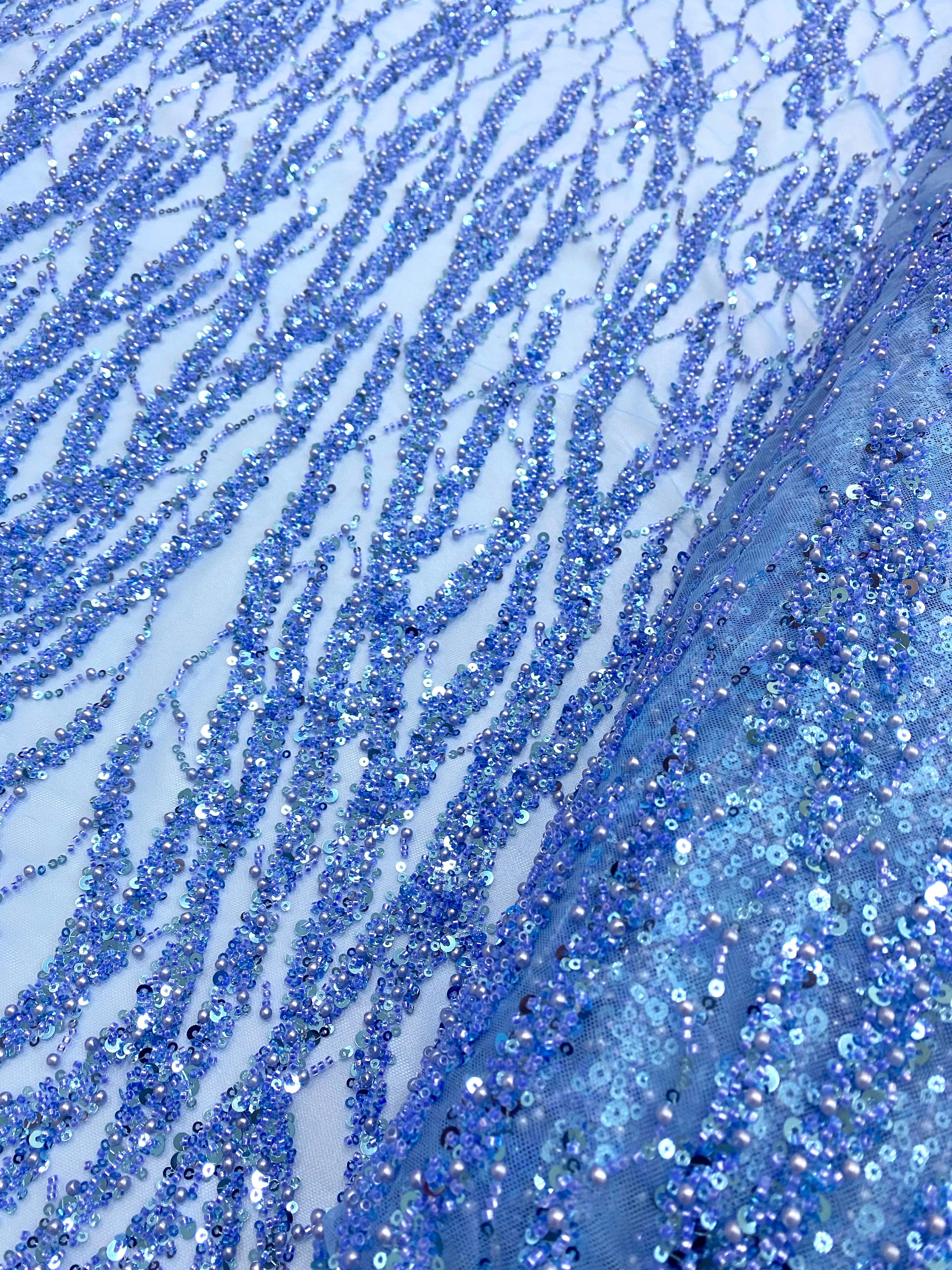 Silver Lace with Nude Tulle with Linear Pattern, Beads and Sequins