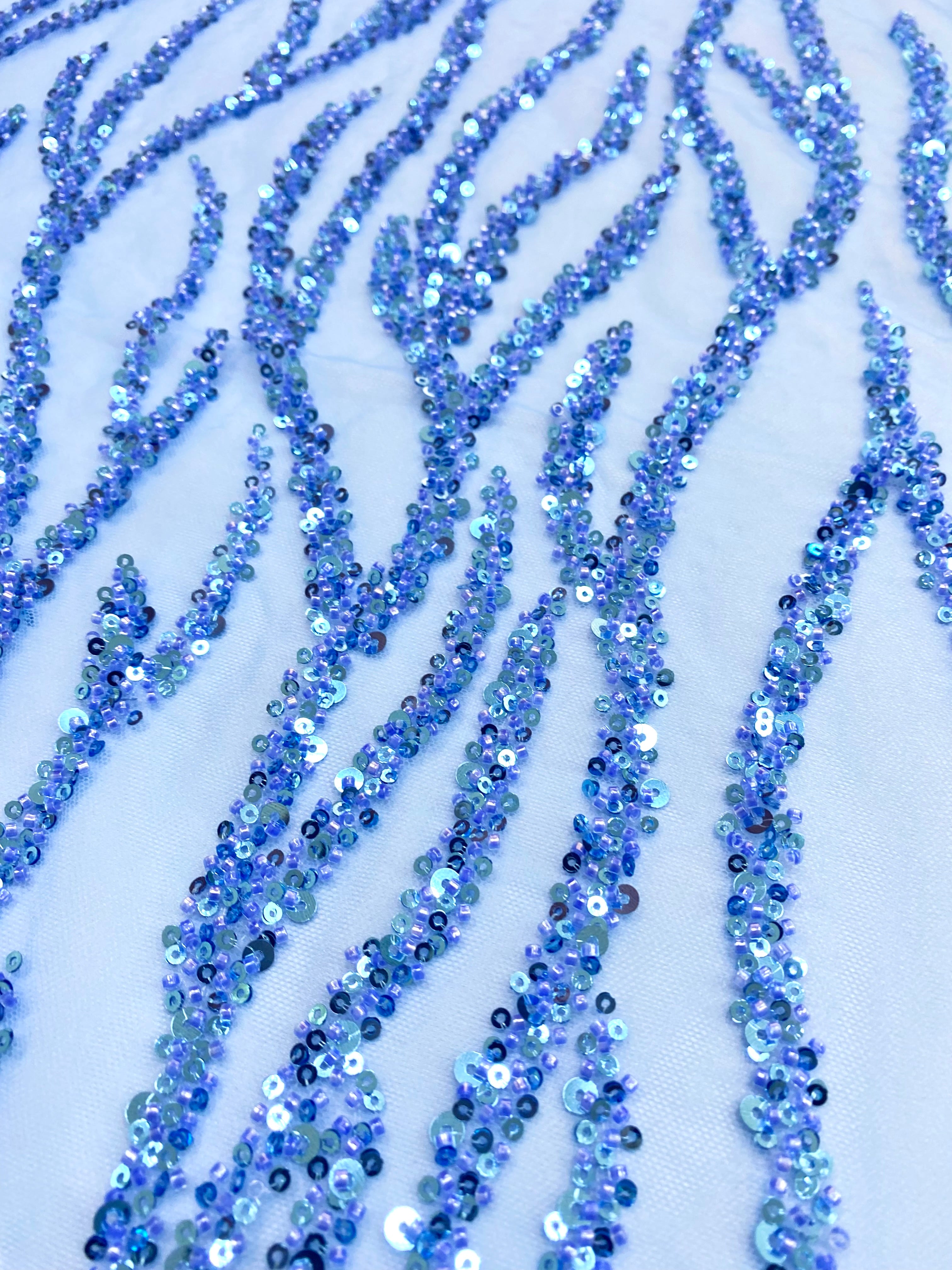 Silver Lace with Nude Tulle with Linear Pattern, Beads and Sequins