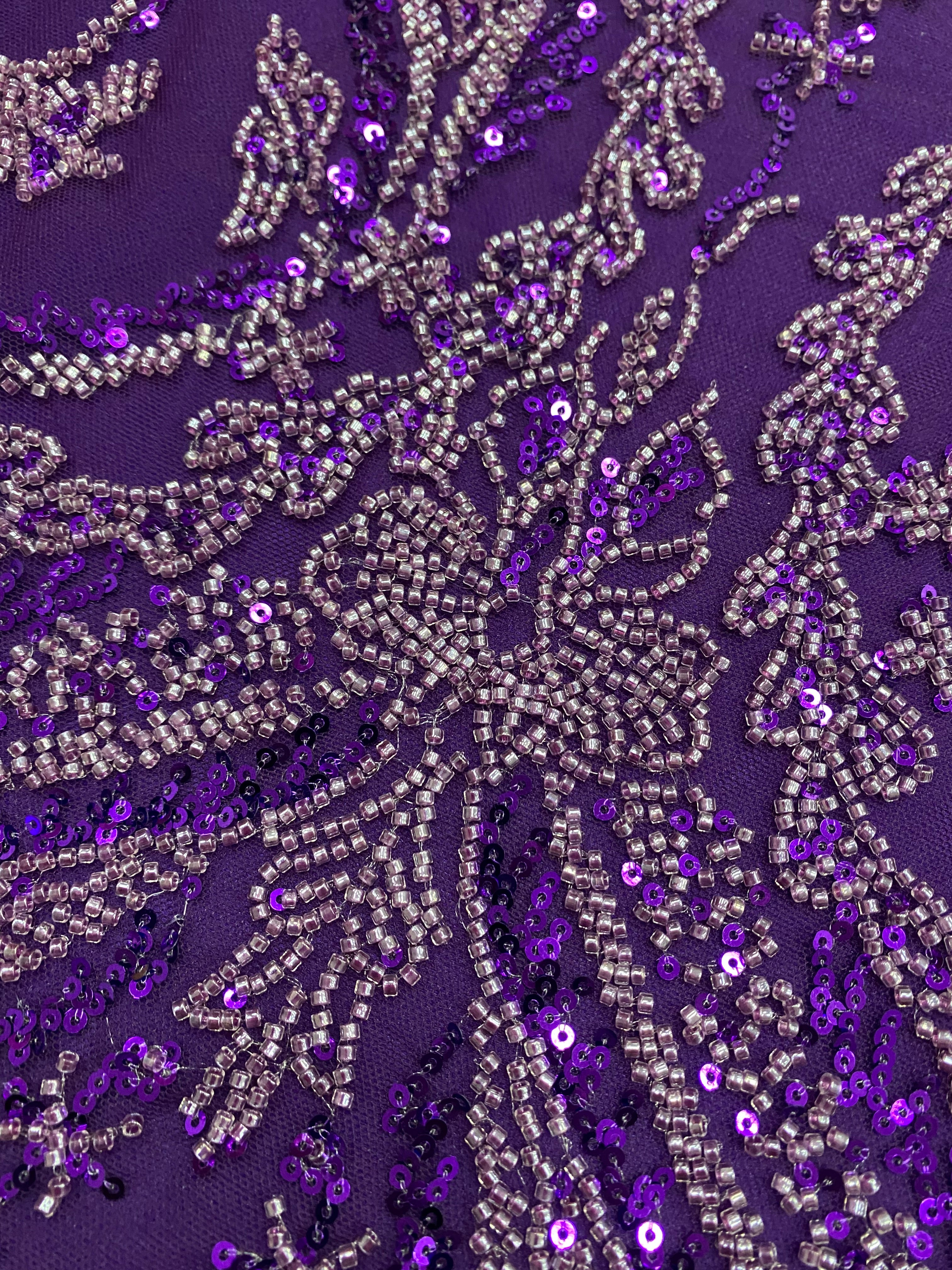 Dantela Couture Mov Inchis cu Model Floral, cu Margele si Paiete