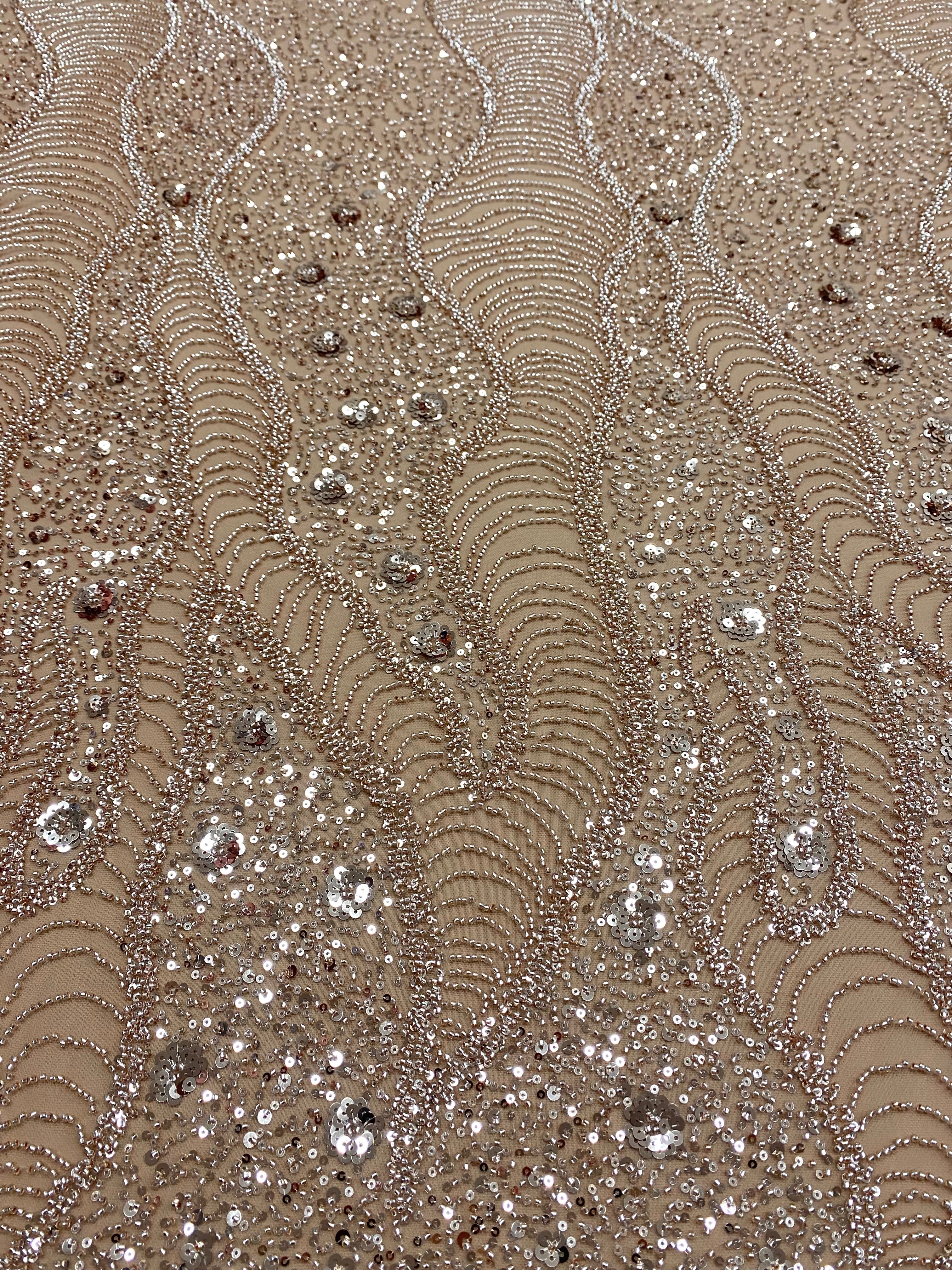 Rose Gold Couture Lace with Geometric and Floral Pattern, with Beads and Sequins