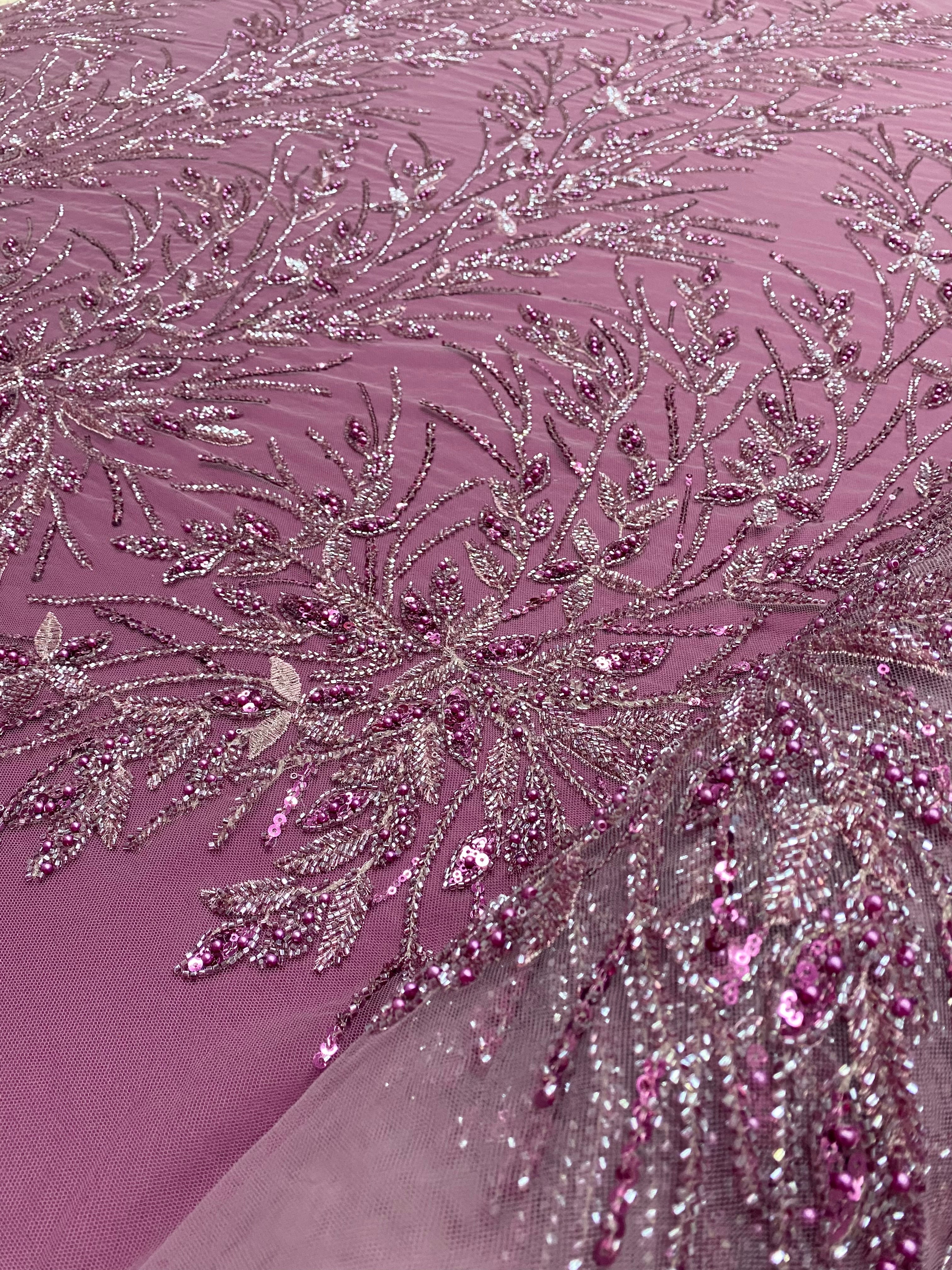 Magenta Couture Lace with Floral Pattern, Pearls, Beads and Sequins 