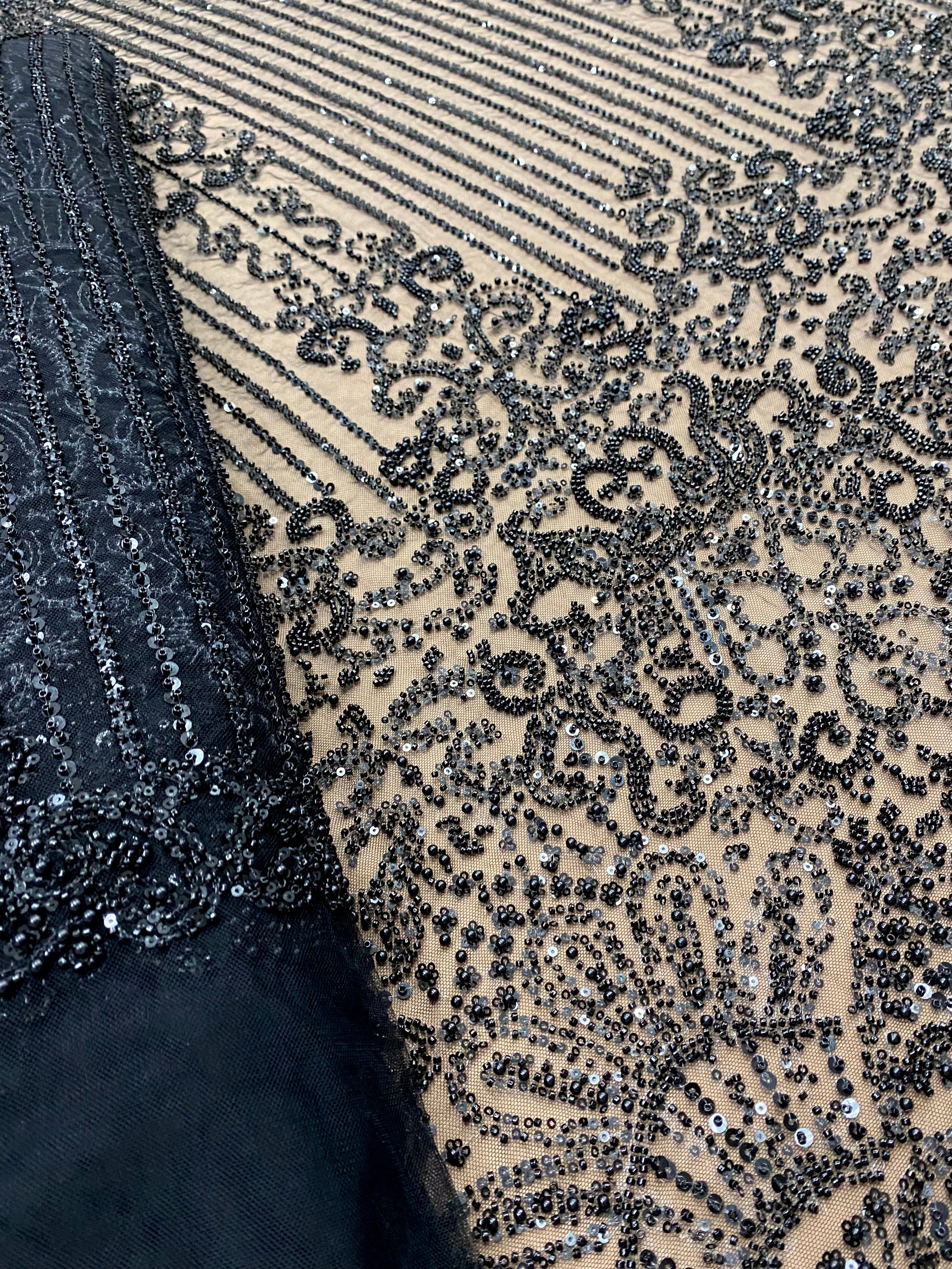 Cupon 1.30 m din Dantela Couture Neagra cu Model Geometric, cu Perle, Margele si Paiete