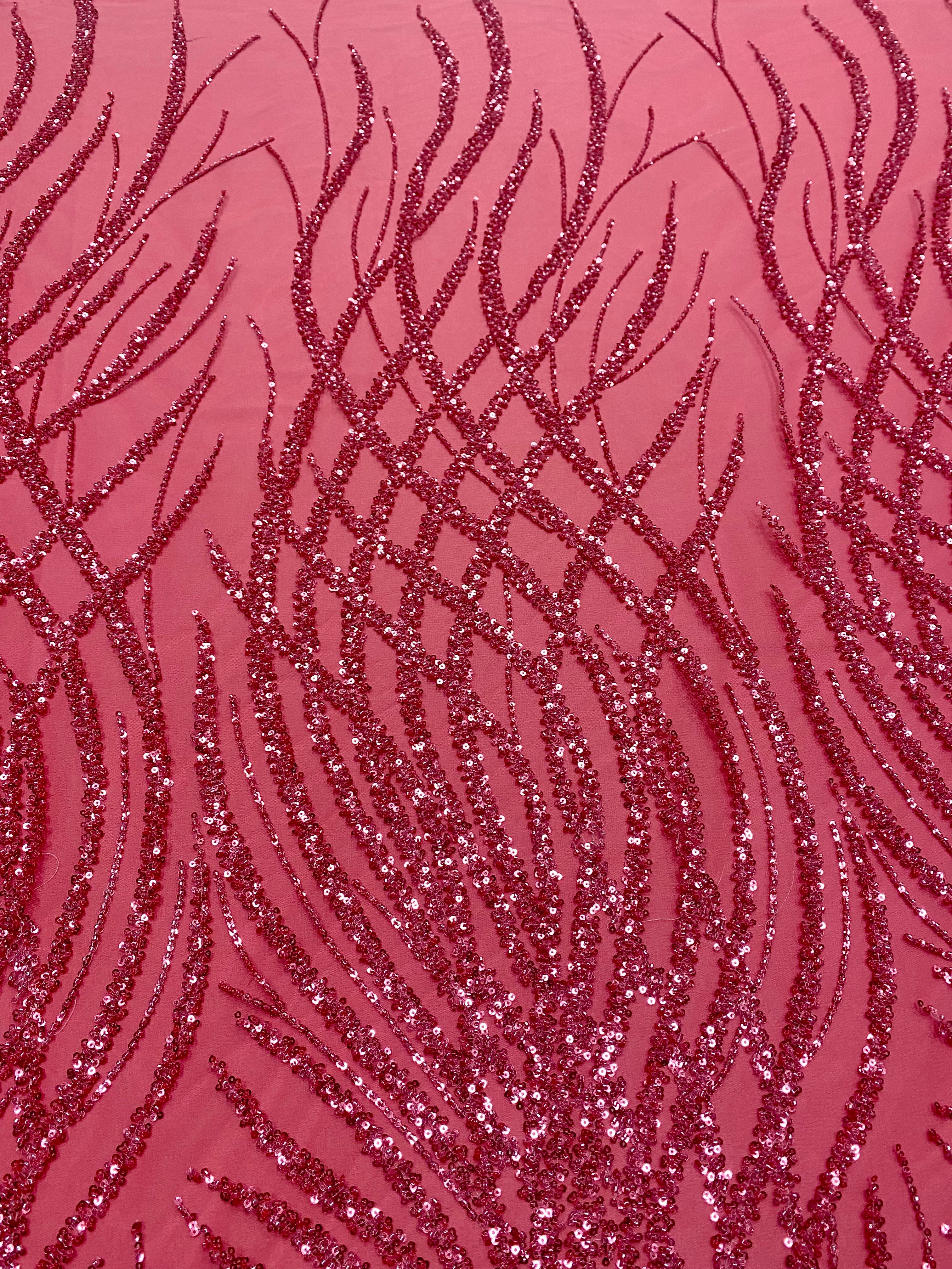 Dantela Couture Roz Coral cu Siraguri, cu Margele si Paiete