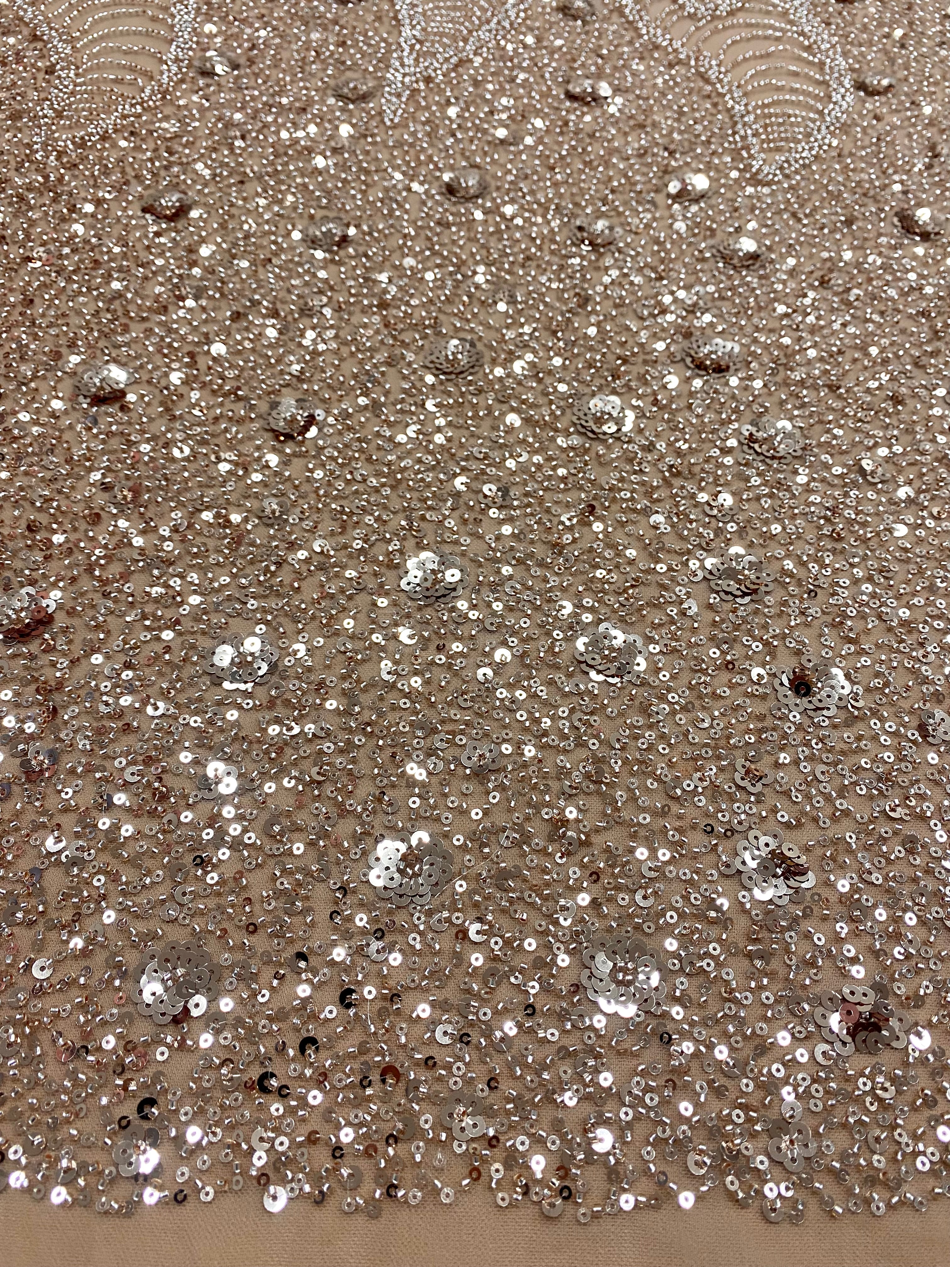 Rose Gold Couture Lace with Geometric and Floral Pattern, with Beads and Sequins
