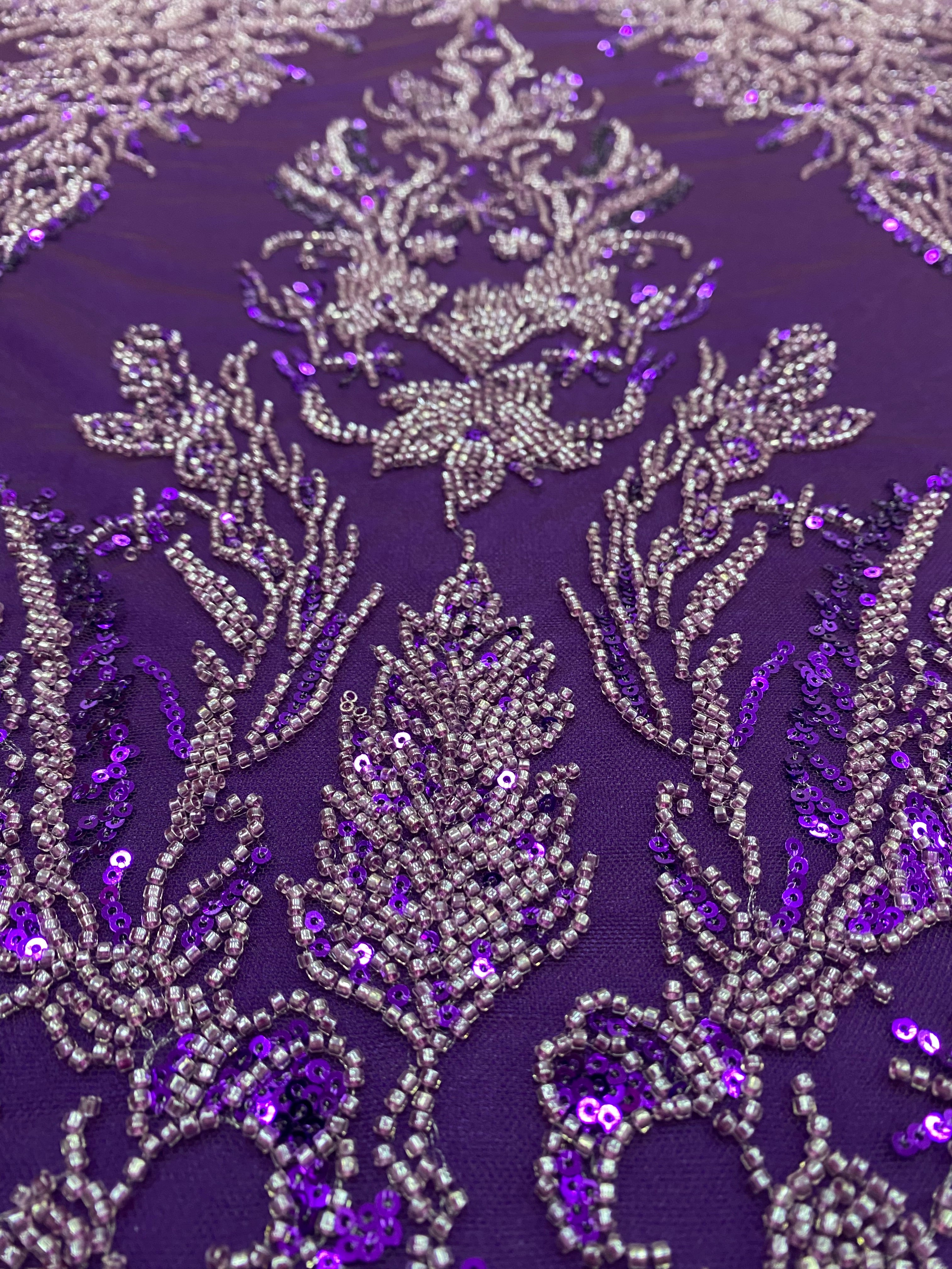 Dantela Couture Mov Inchis cu Model Floral, cu Margele si Paiete