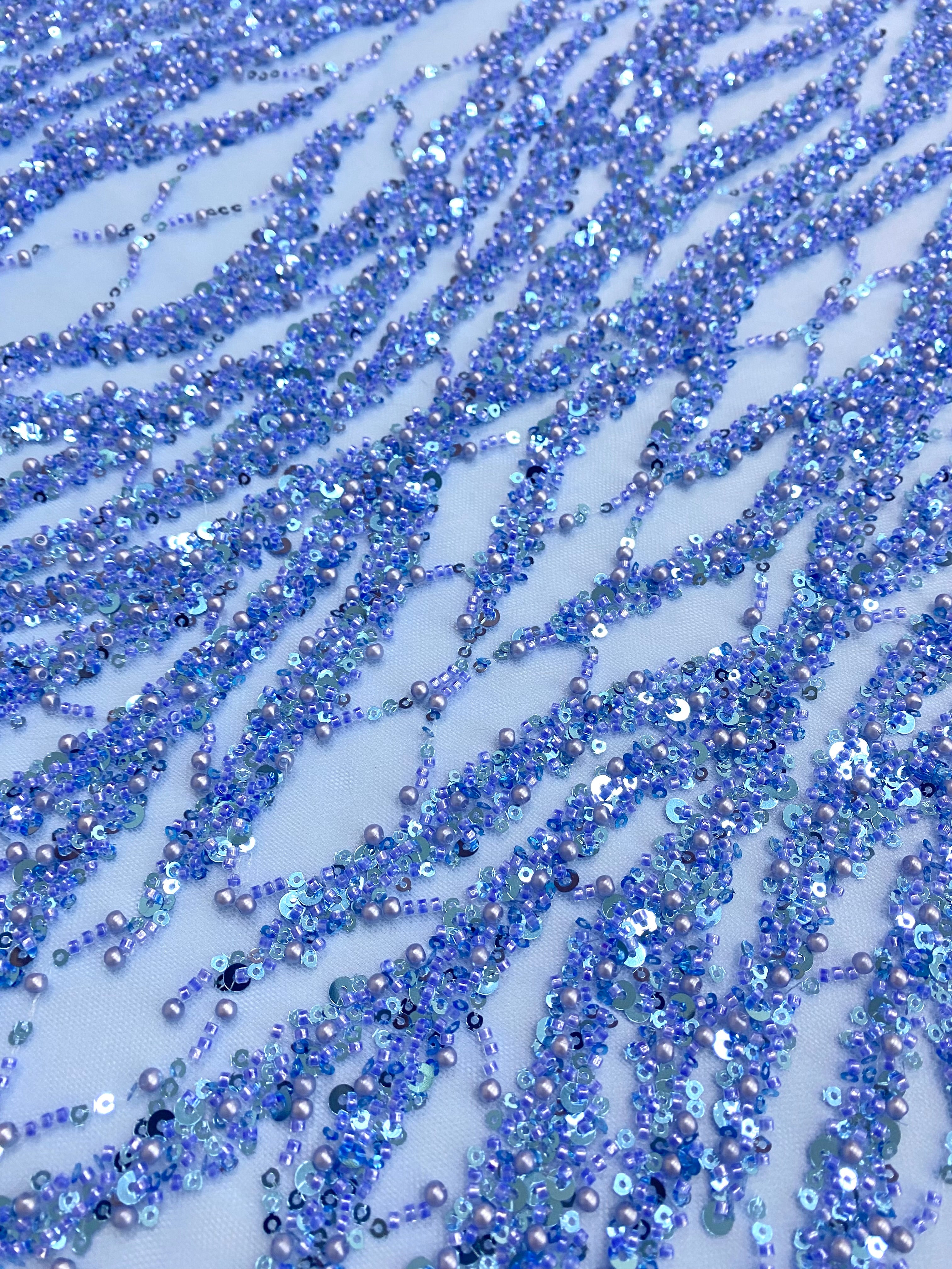 Silver Lace with Nude Tulle with Linear Pattern, Beads and Sequins