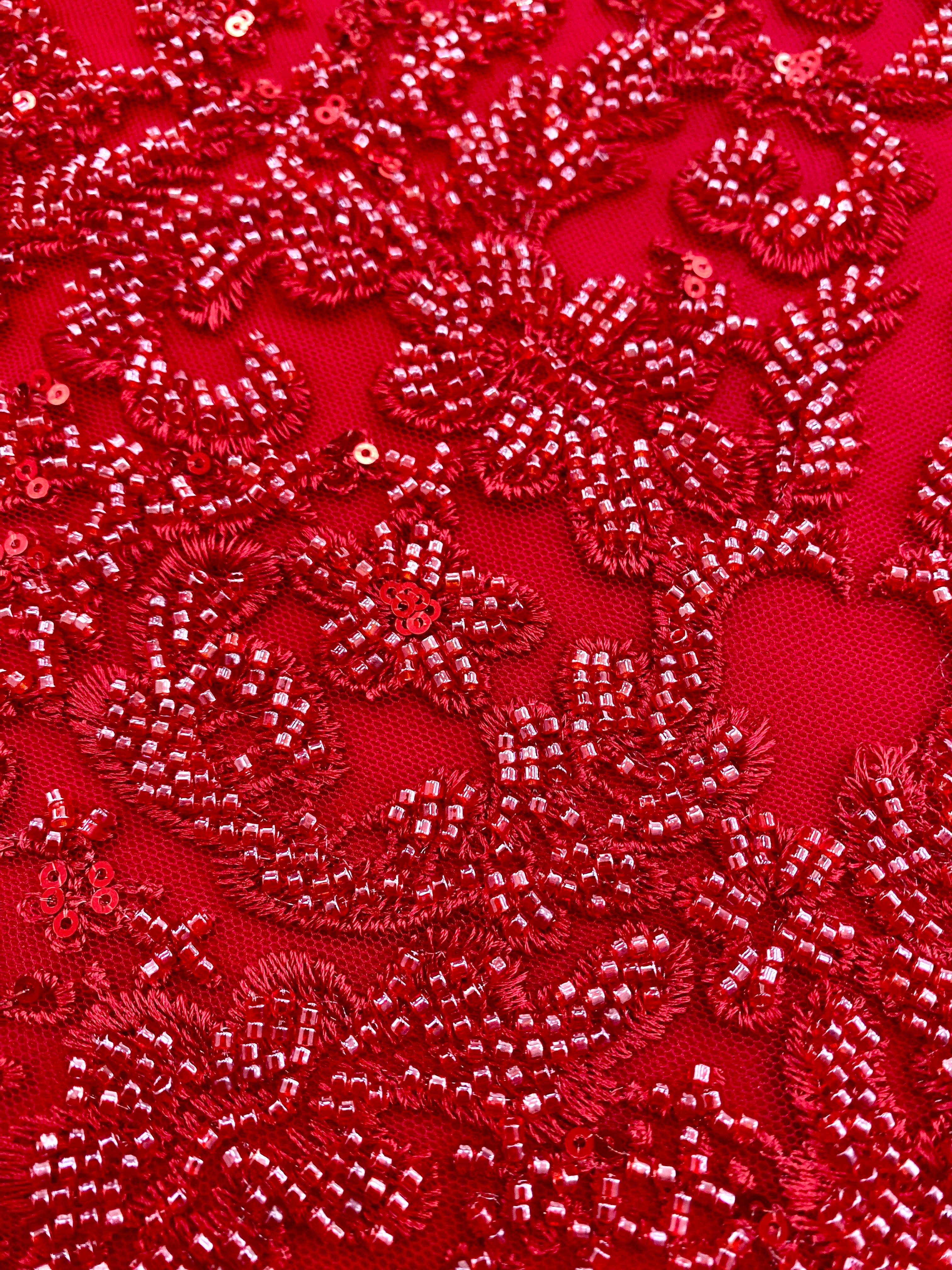 Red Couture Lace with Geometric Pattern, Beads and Sequins