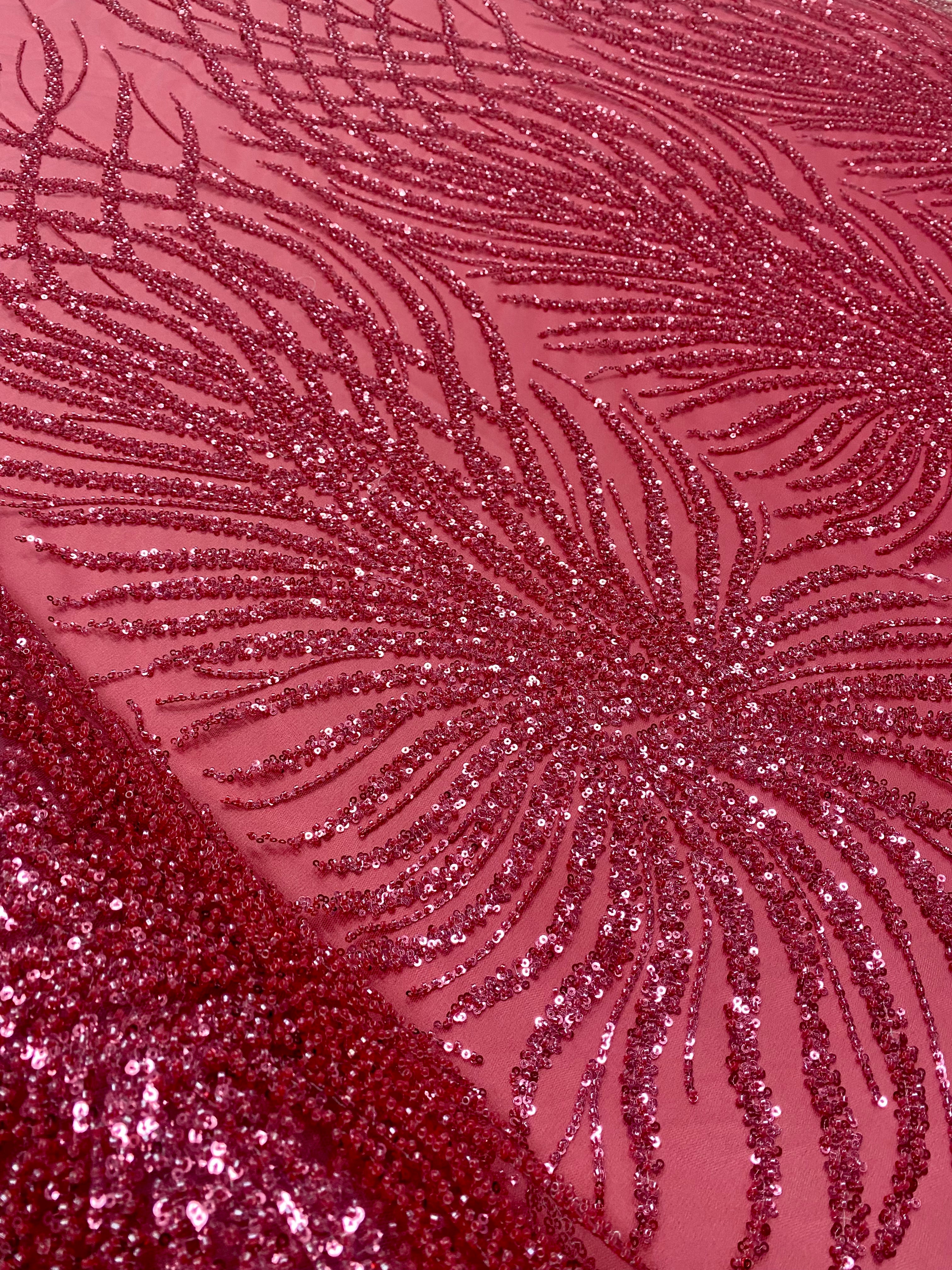 Dantela Couture Roz Coral cu Siraguri, cu Margele si Paiete