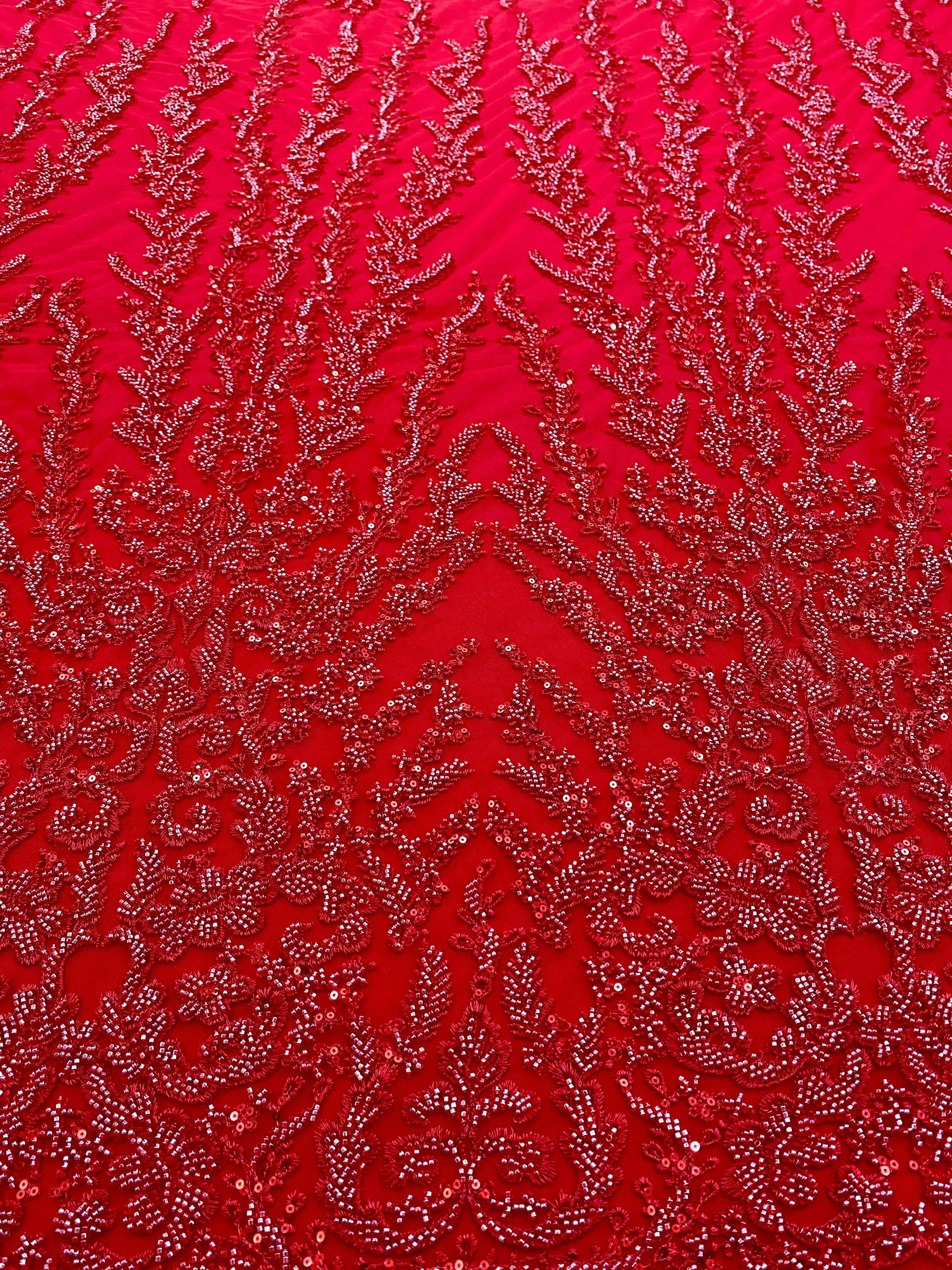 Red Couture Lace with Geometric Pattern, Beads and Sequins