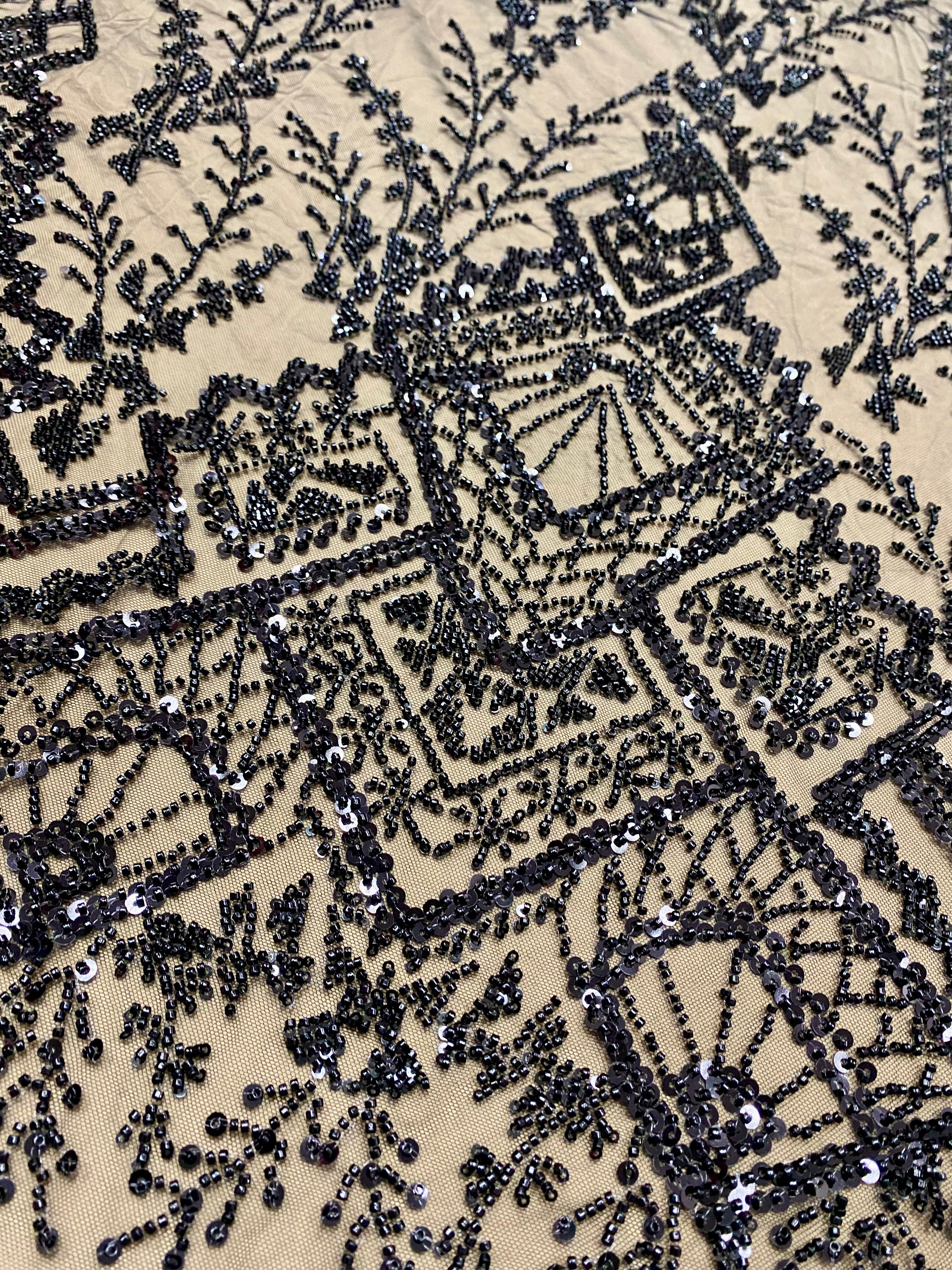Dantela Couture Neagra cu Model Geometric, cu Margele si Paiete