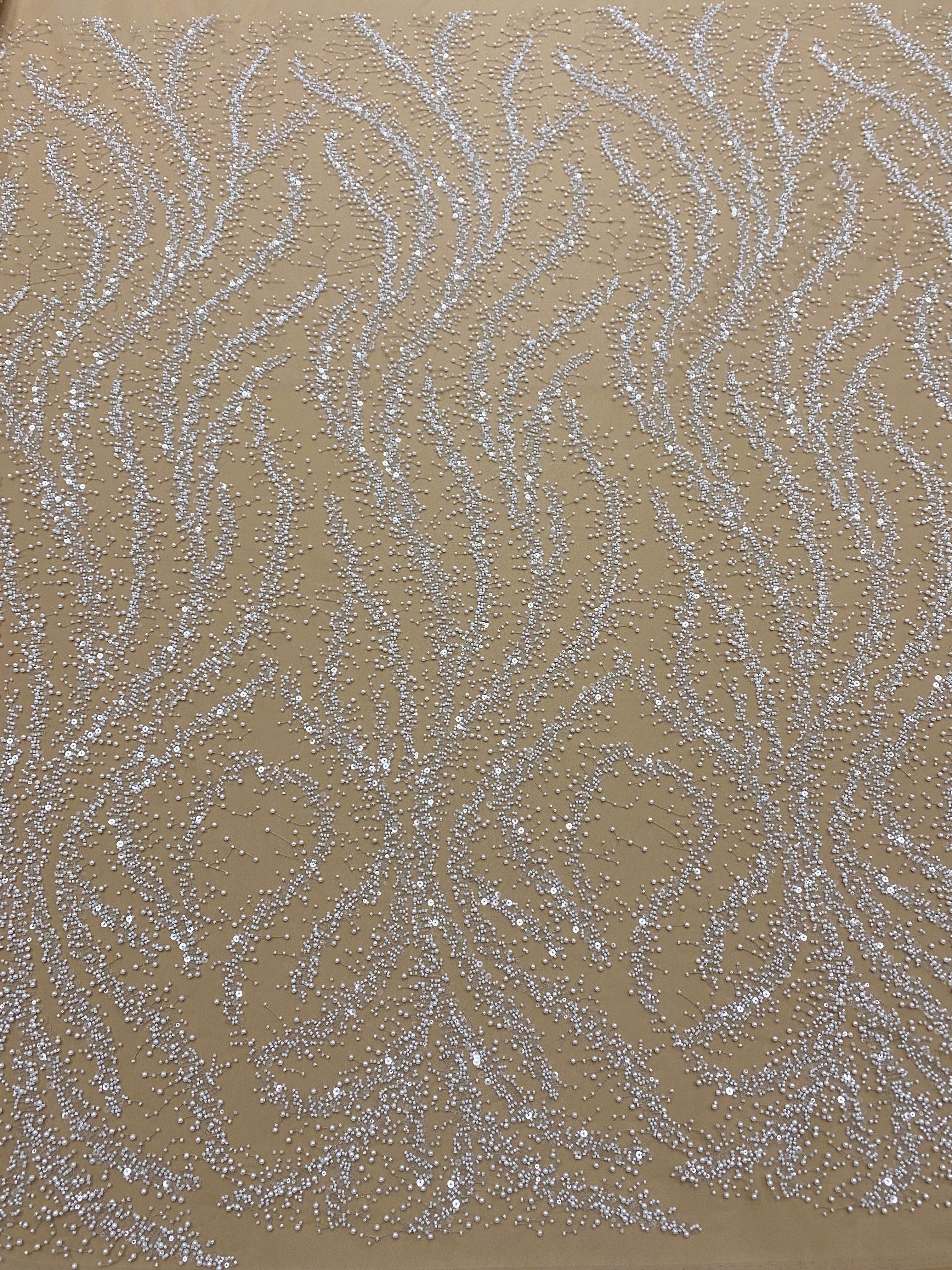 Dantela Couture Ivory pe Tulle Nude cu Perle, Margele si Paiete