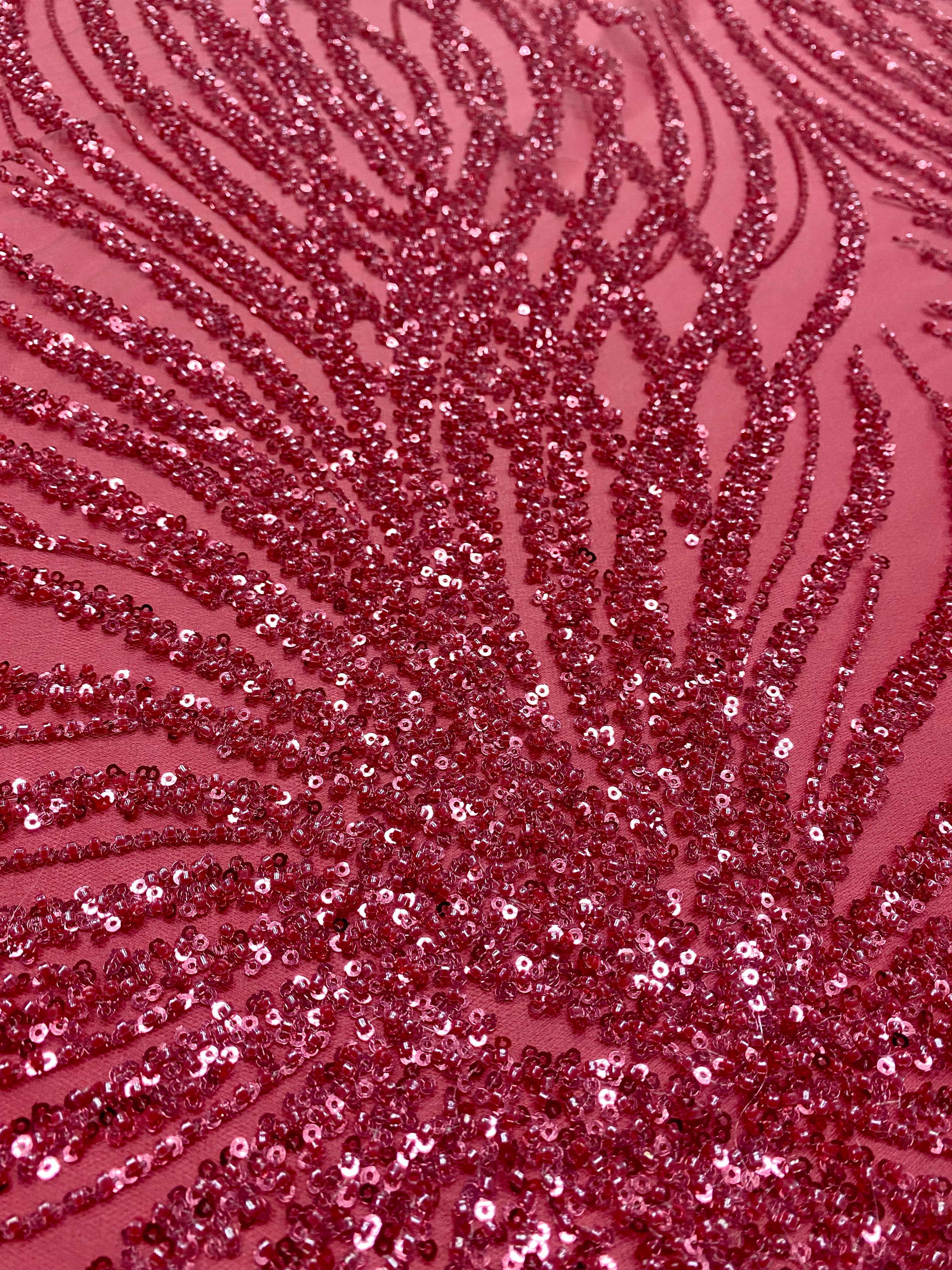 Dantela Couture Roz Coral cu Siraguri, cu Margele si Paiete