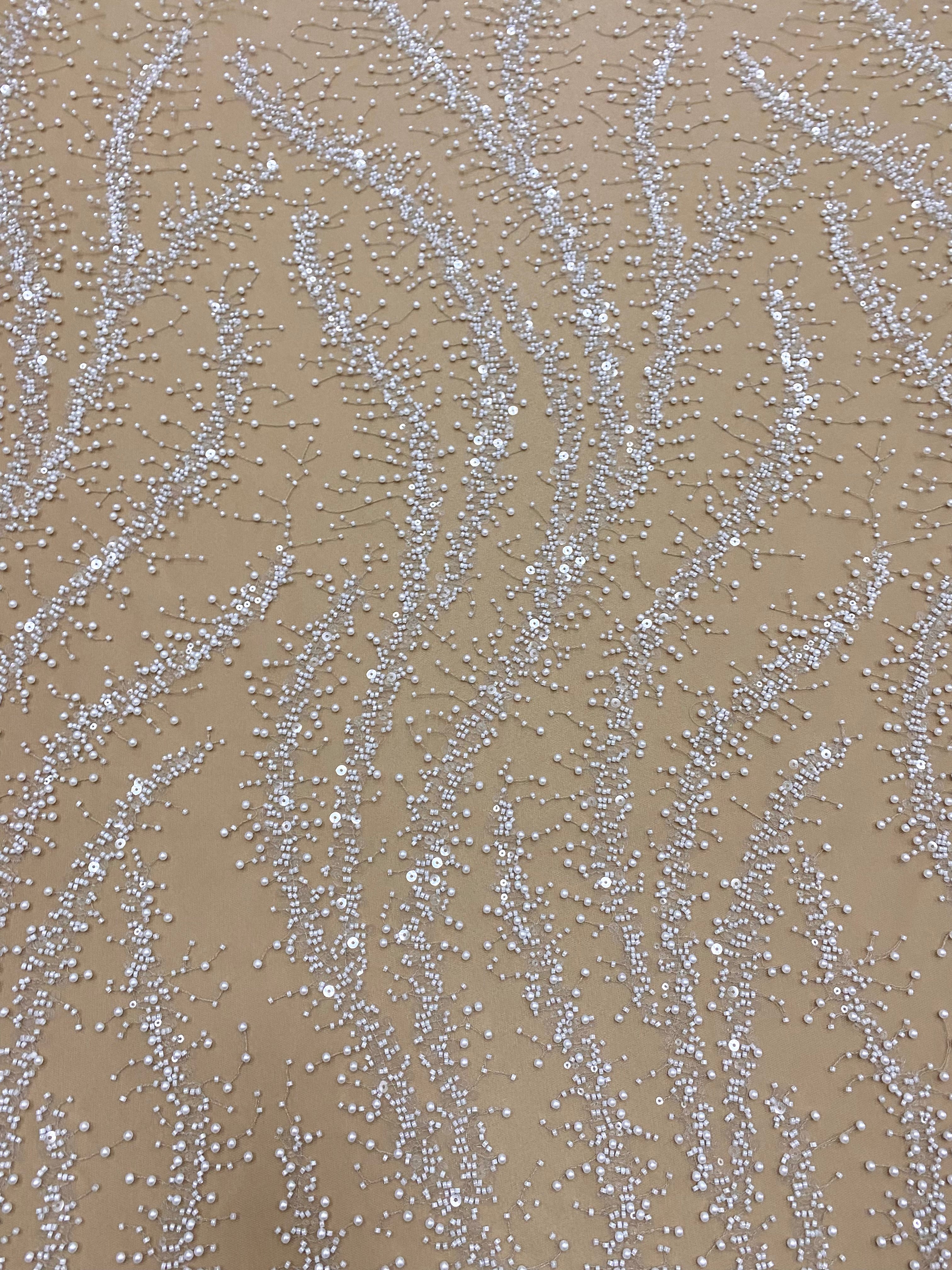 Dantela Couture Ivory pe Tulle Nude cu Perle, Margele si Paiete